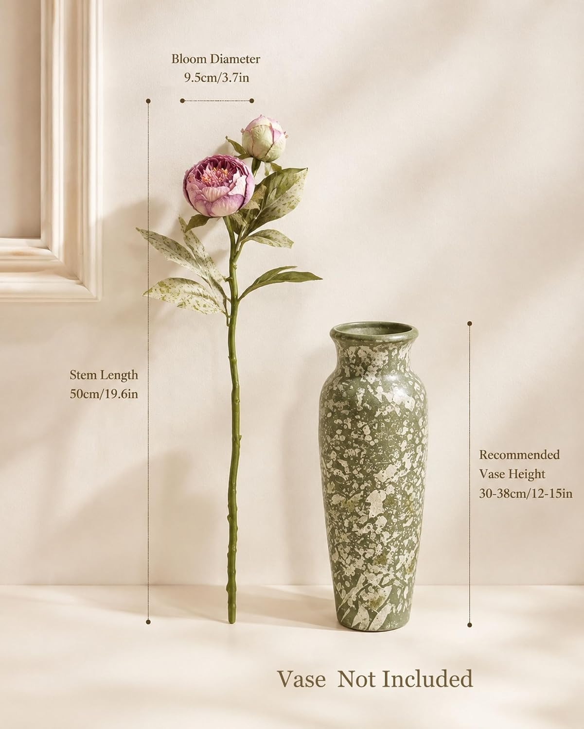 Measurement guide for sixteen stem artificial peony bouquet showing vase dimensions