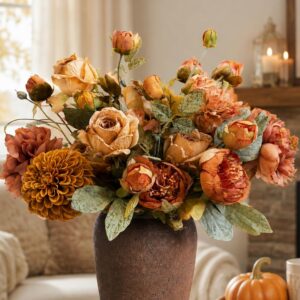 11 Stems Artificial Fall Flowers Bouquet - Mixed Hydrangea Rose Peony Dahlia