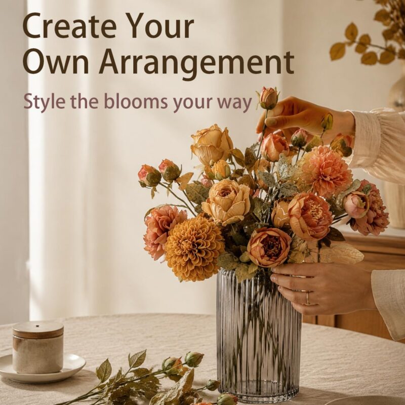 Artificial Fall Flowers Bouquet, Mixed Hydrangea Rose Peony Dahlia, Real Touch Faux Silk