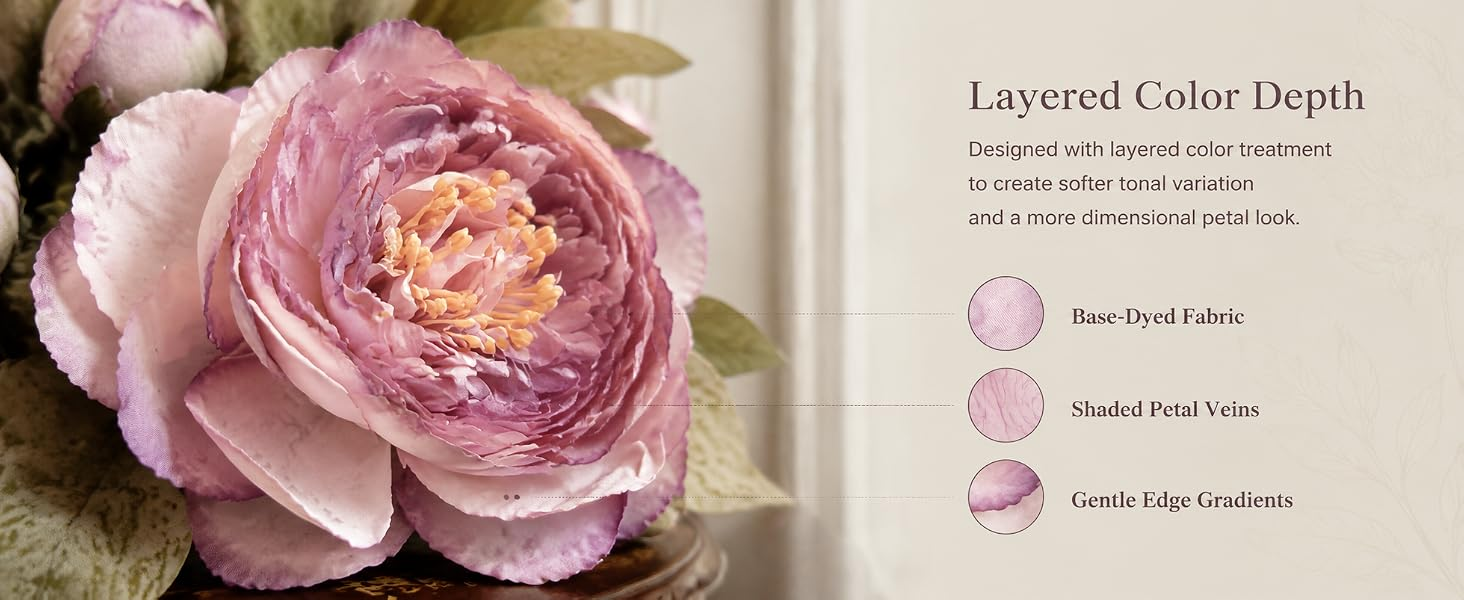 Layered color details on lavender artificial peony petals