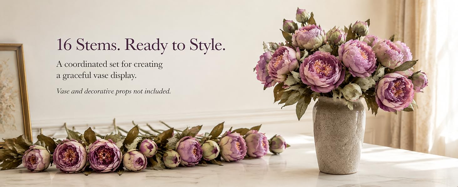 Sixteen lavender artificial peony stems ready for vase styling
