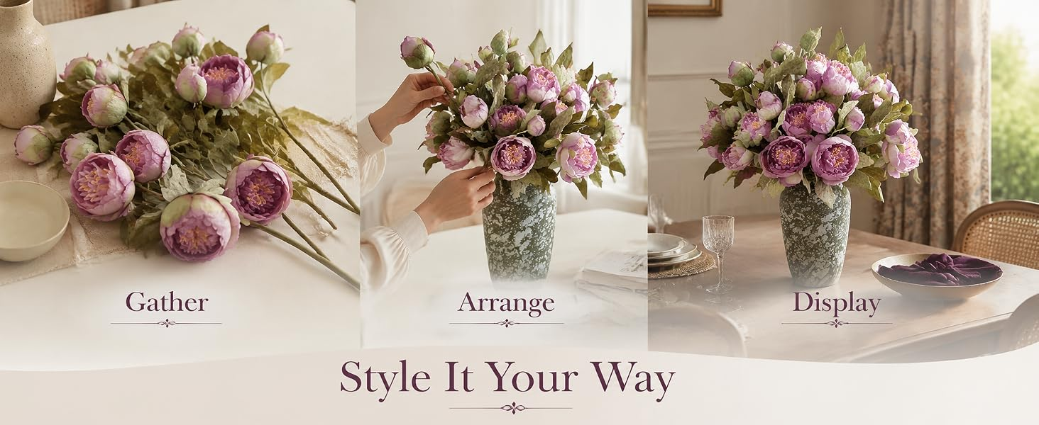 Gathering and arranging lavender faux peonies in a vase