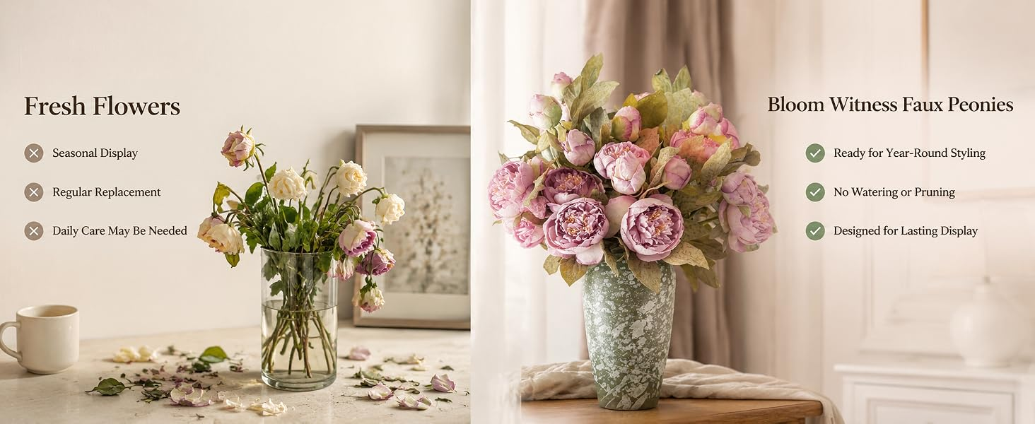 Fresh flowers compared with BloomWitness faux peonies for year-round styling