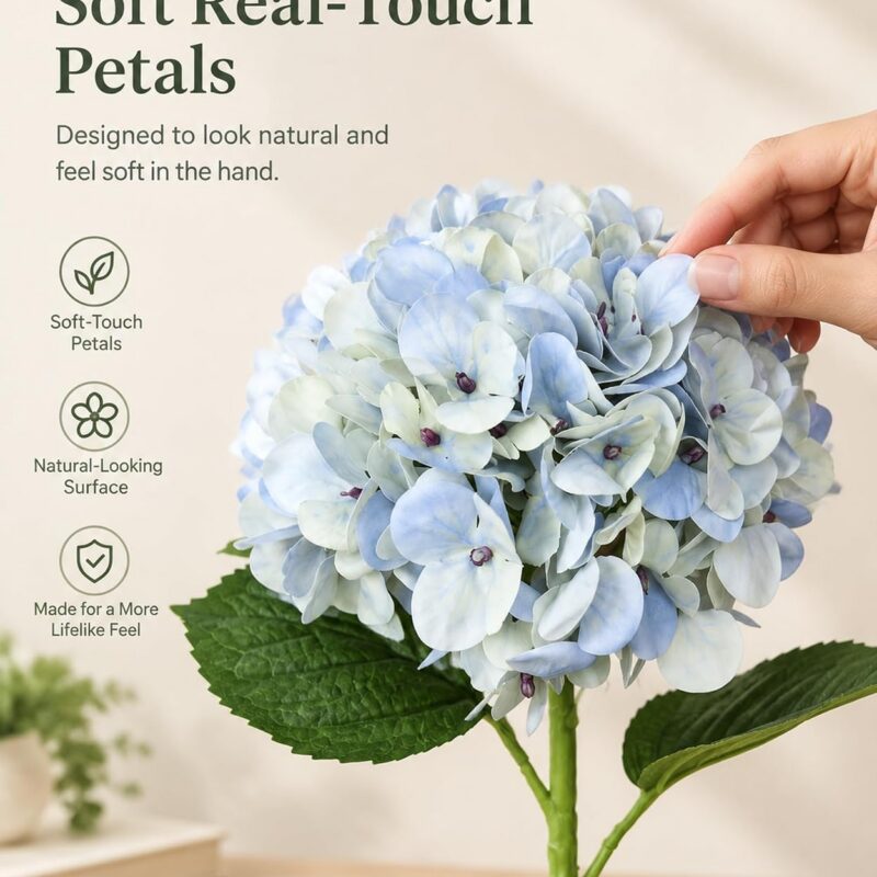 6 Stems Real Touch Hydrangea Bouquet, Lifelike Faux Silk Flowers for Vase Decor (Blue / Pink)