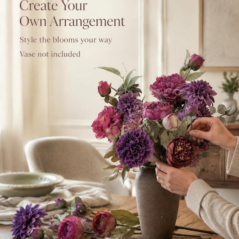 11 Stems Artificial Peony Hydrangea Rose Dahlia Bouquet, Real Touch Faux Silk Flowers for Vase