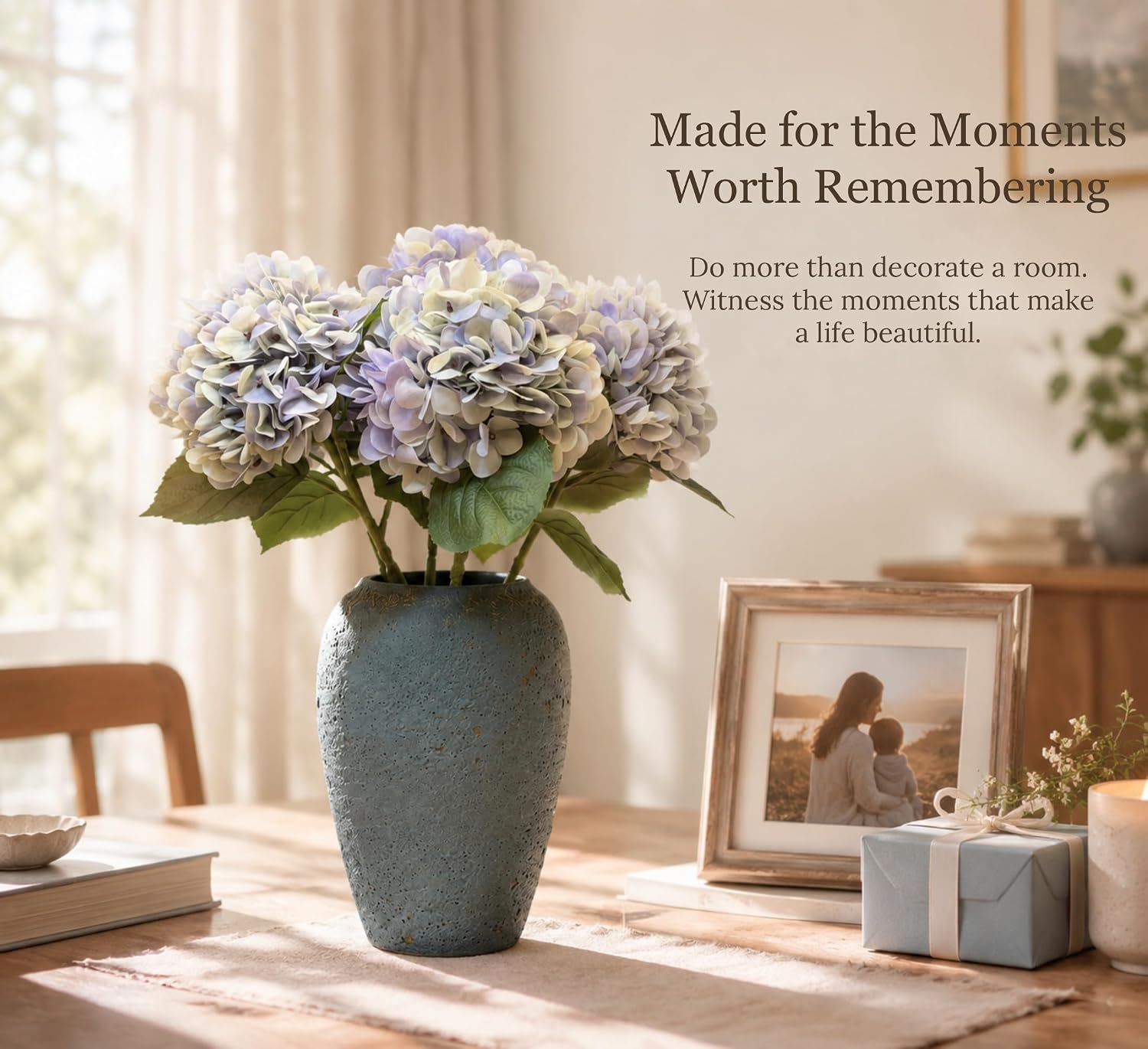 6 stems hydrangea bouquet shelf console styling faux silk flowers