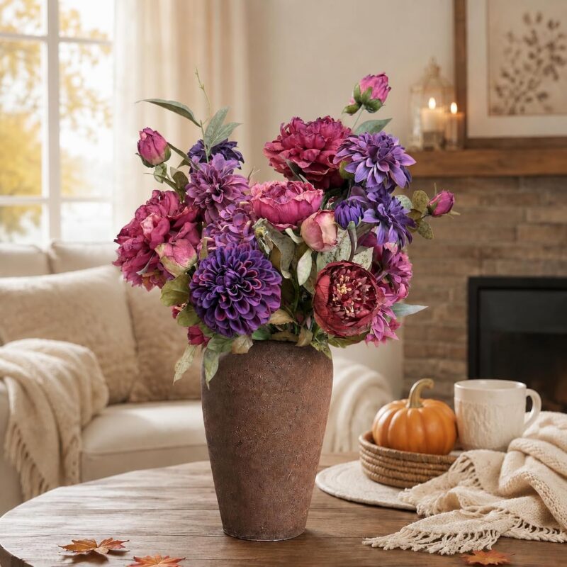 11 Stems Artificial Peony Hydrangea Rose Dahlia Bouquet, Real Touch Faux Silk Flowers for Vase