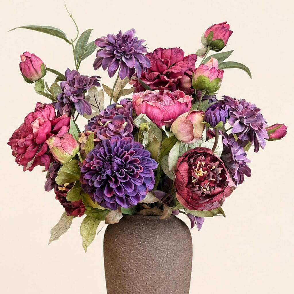 11 Stems Artificial Peony Hydrangea Rose Dahlia Bouquet, Real Touch Faux Silk Flowers for Vase