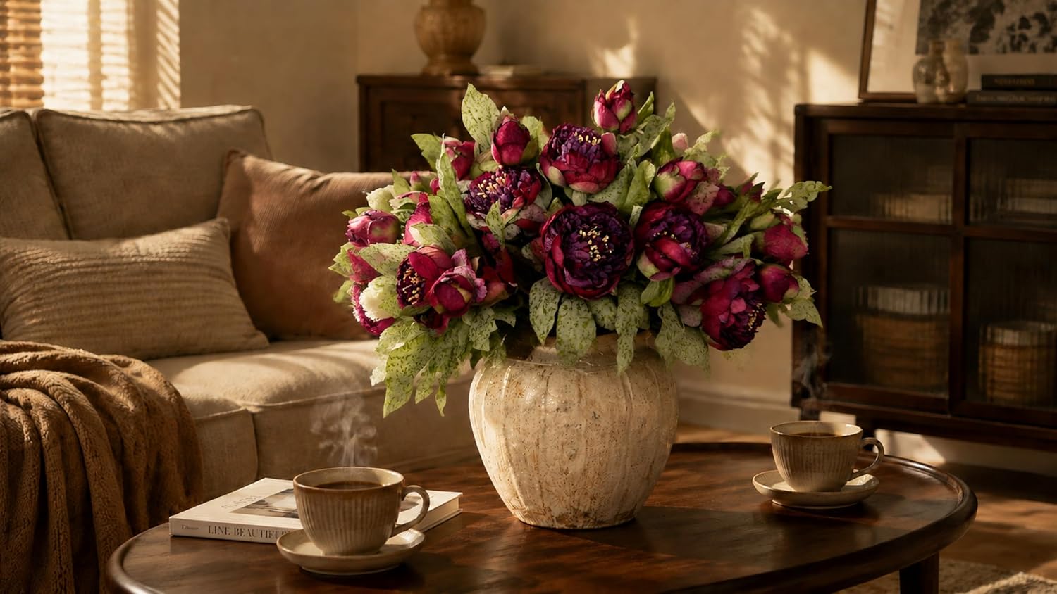 Close up of real touch artificial peony petals showing layered ruffled texture