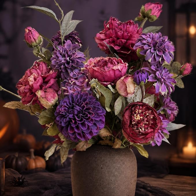 11 Stems Artificial Peony Hydrangea Rose Dahlia Bouquet, Real Touch Faux Silk Flowers for Vase