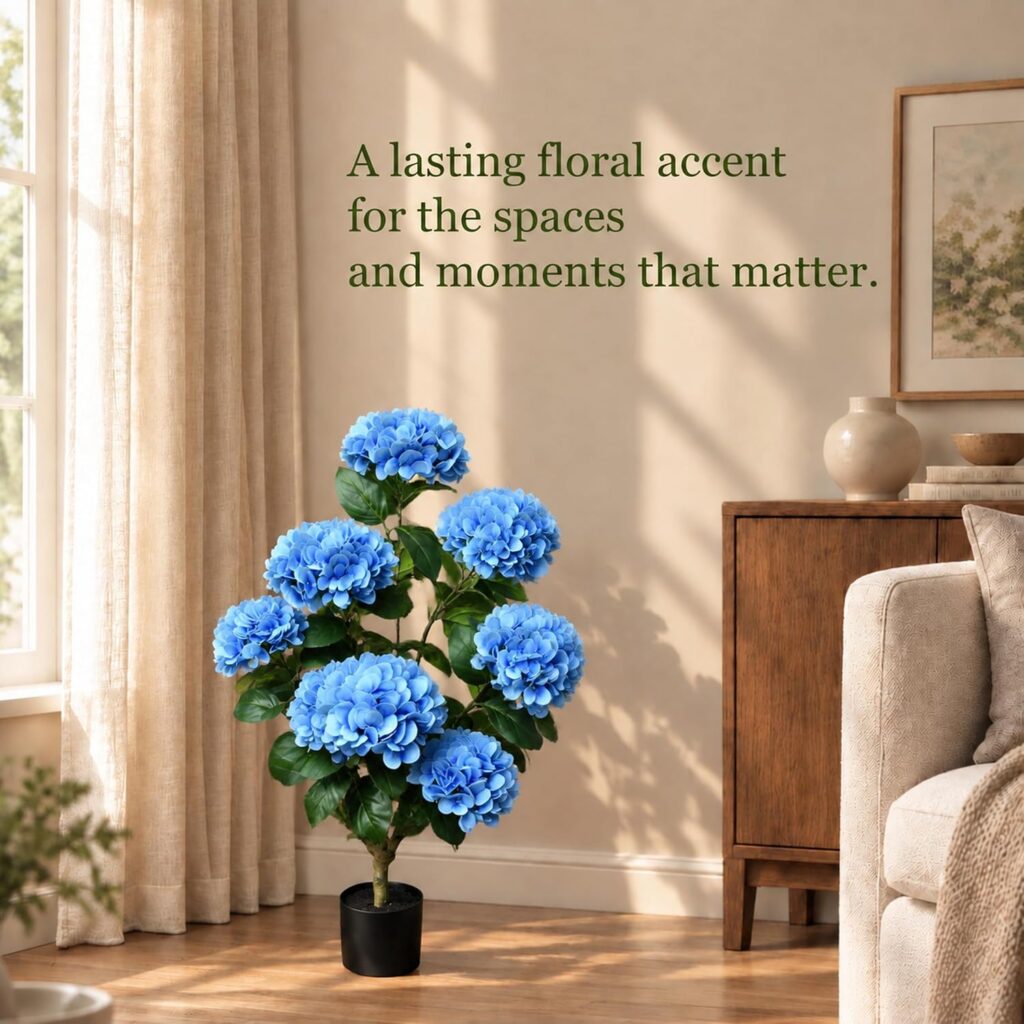Artificial Hydrangea Tree (3ft) - Real Touch Potted Faux Flowers for Home & Porch Décor