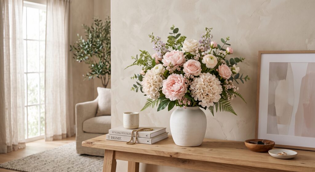 full artificial mixed flower bouquet in a white ceramic vase
