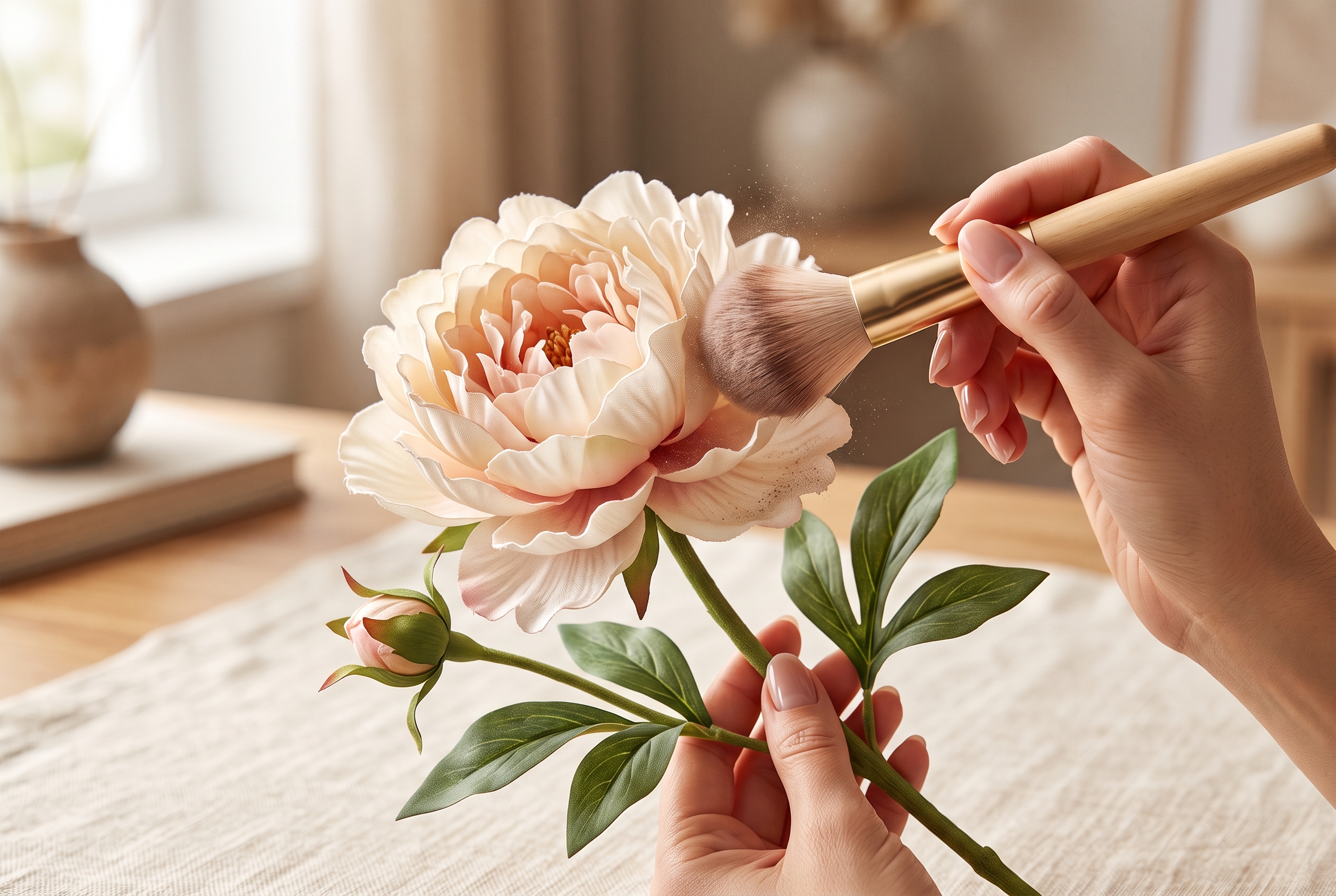 Illustration of how to clean artificial flowers: gently dusting an artificial flower petal with a soft brush