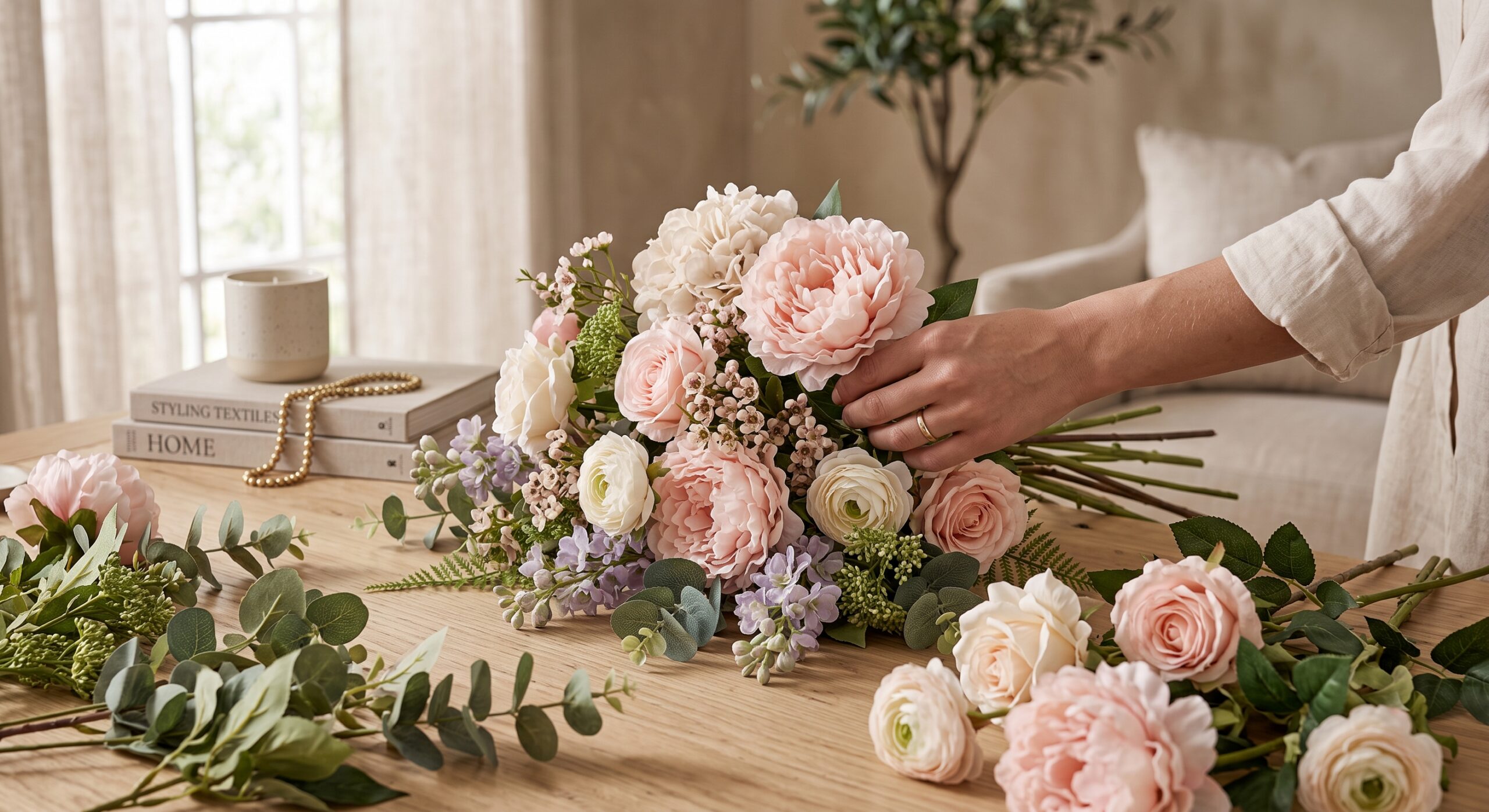 hand styling an artificial mixed bouquet with peony rose and filler