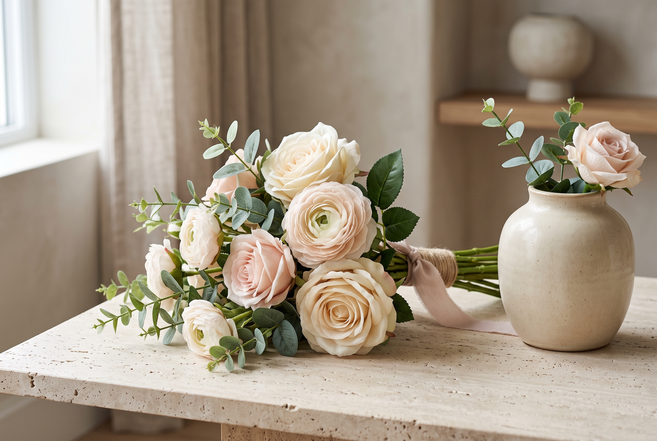 BloomWitness artificial flowers styled beside a neutral ceramic vase