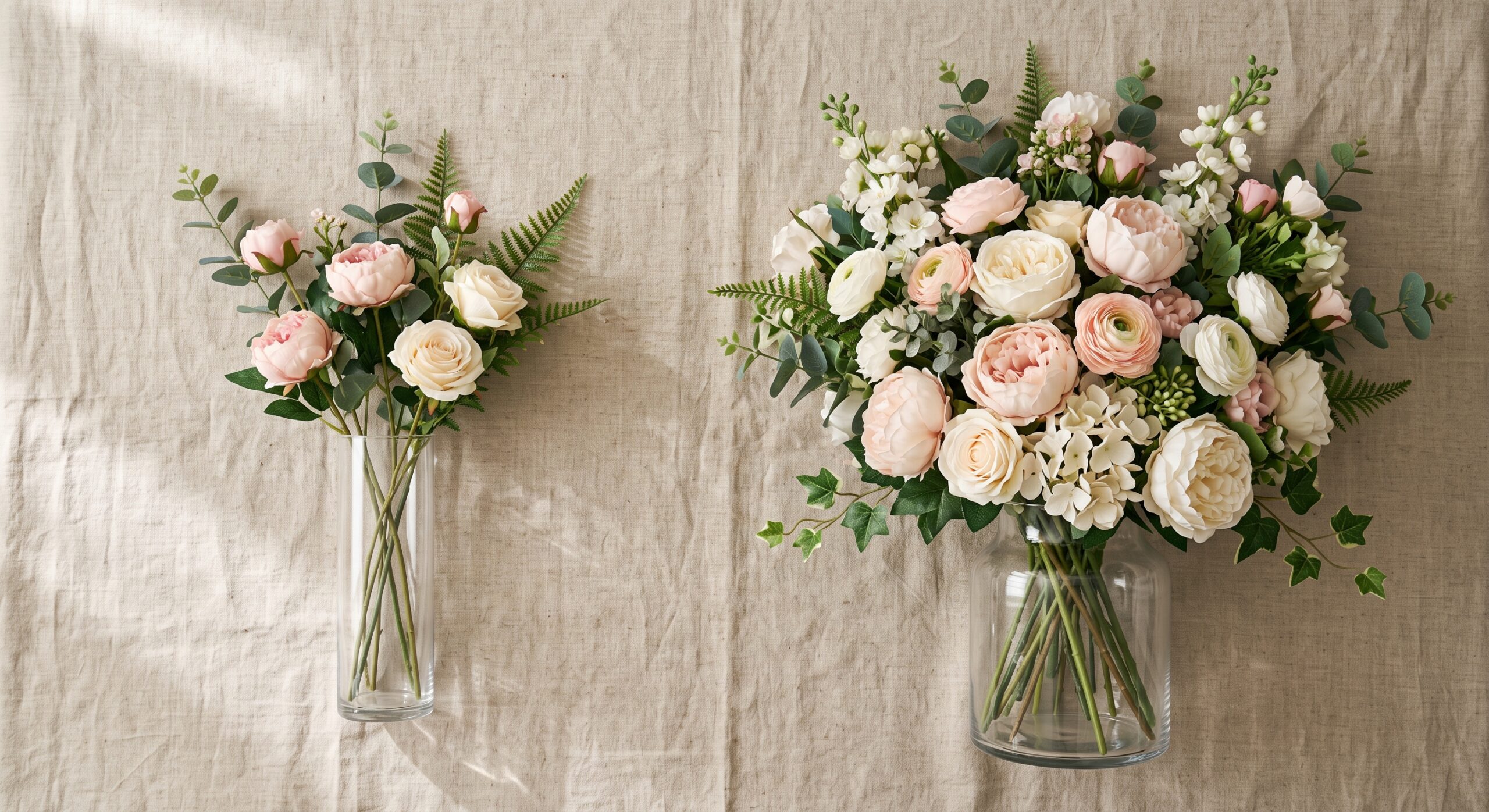 sparse versus full artificial flower bouquet by stem count in two vases