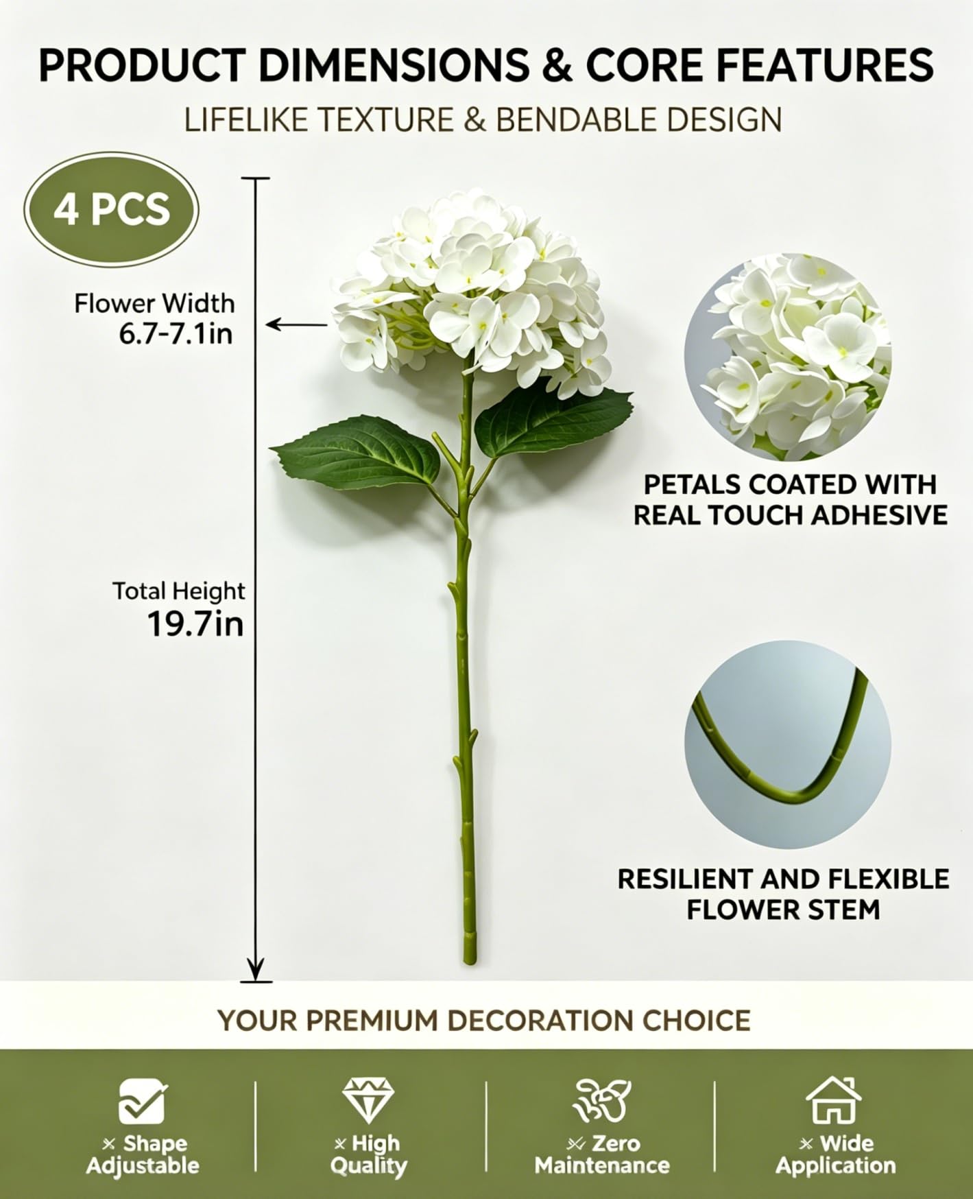 White faux hydrangea flowers in a kitchen counter vase with natural light