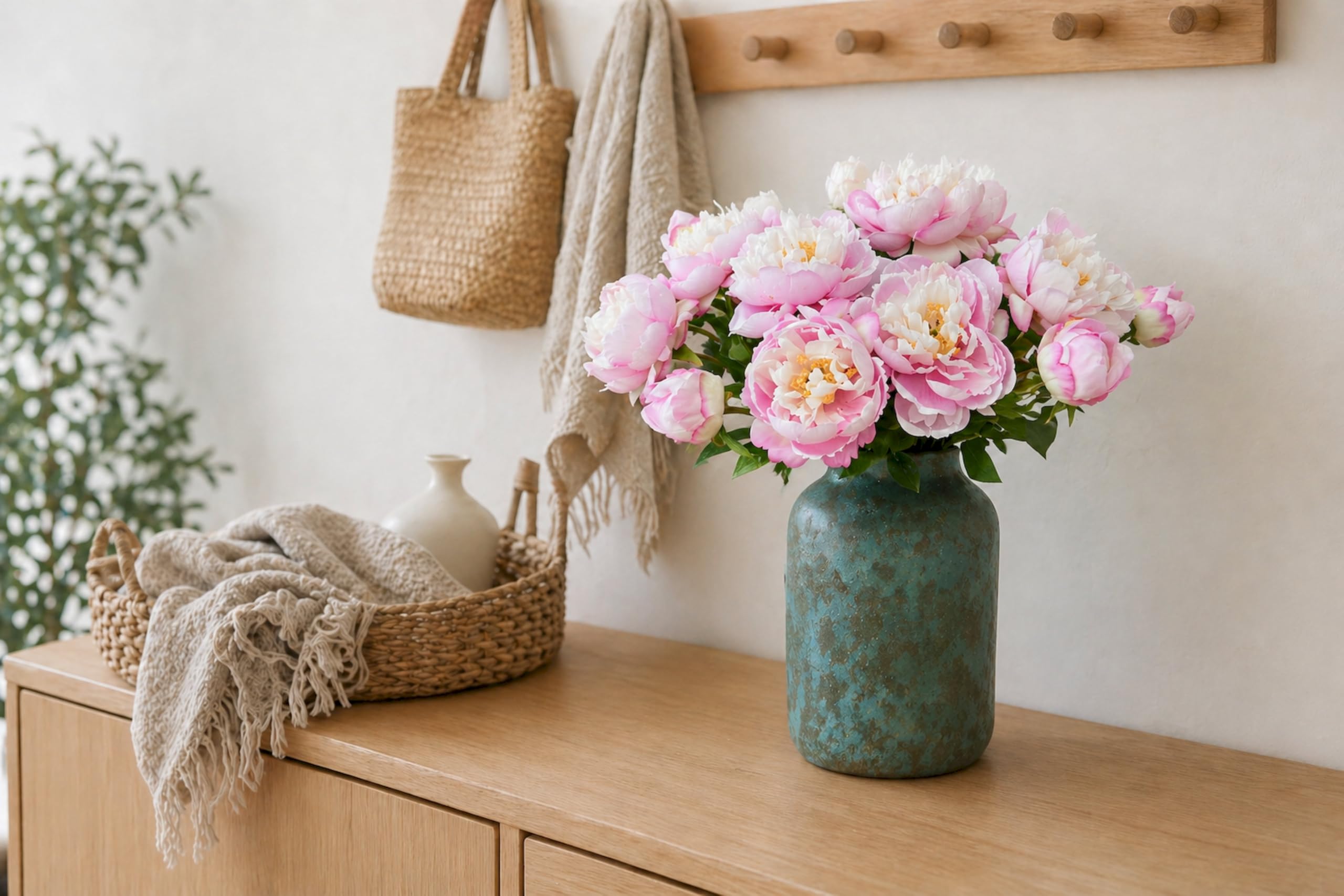 Peach red artificial peonies as wedding or event table decor