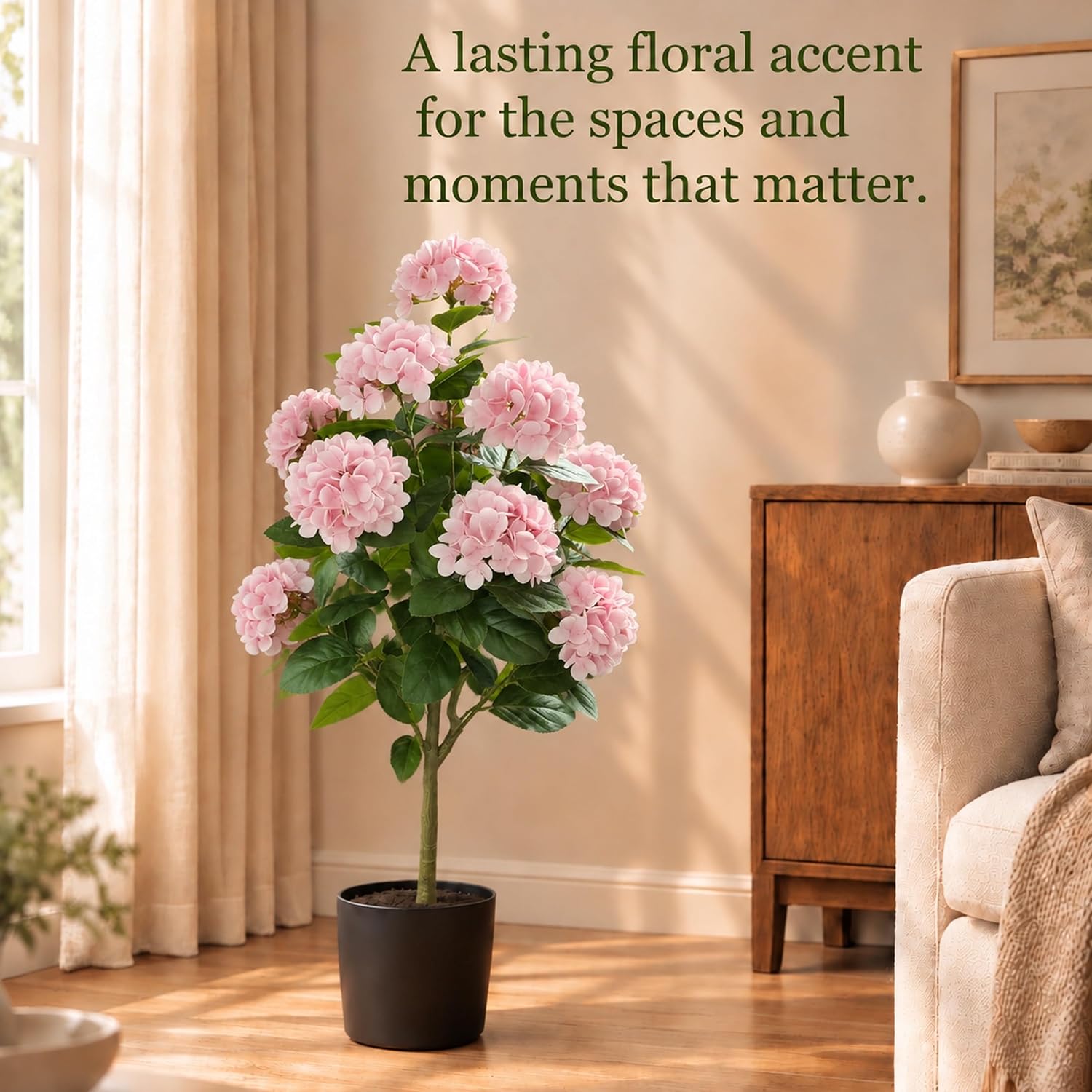 White 4 foot artificial hydrangea tree displayed by an entryway