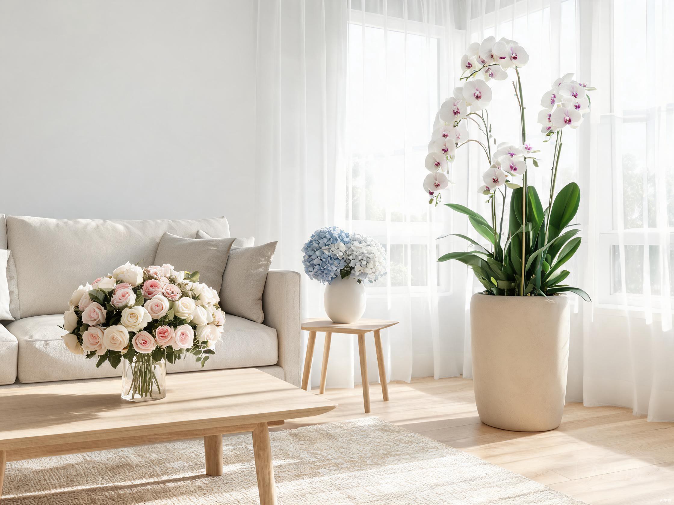 Bright modern living room with multiple artificial flower arrangements - silk roses, faux hydrangeas, and artificial orchid in a clean, airy, allergen-free space