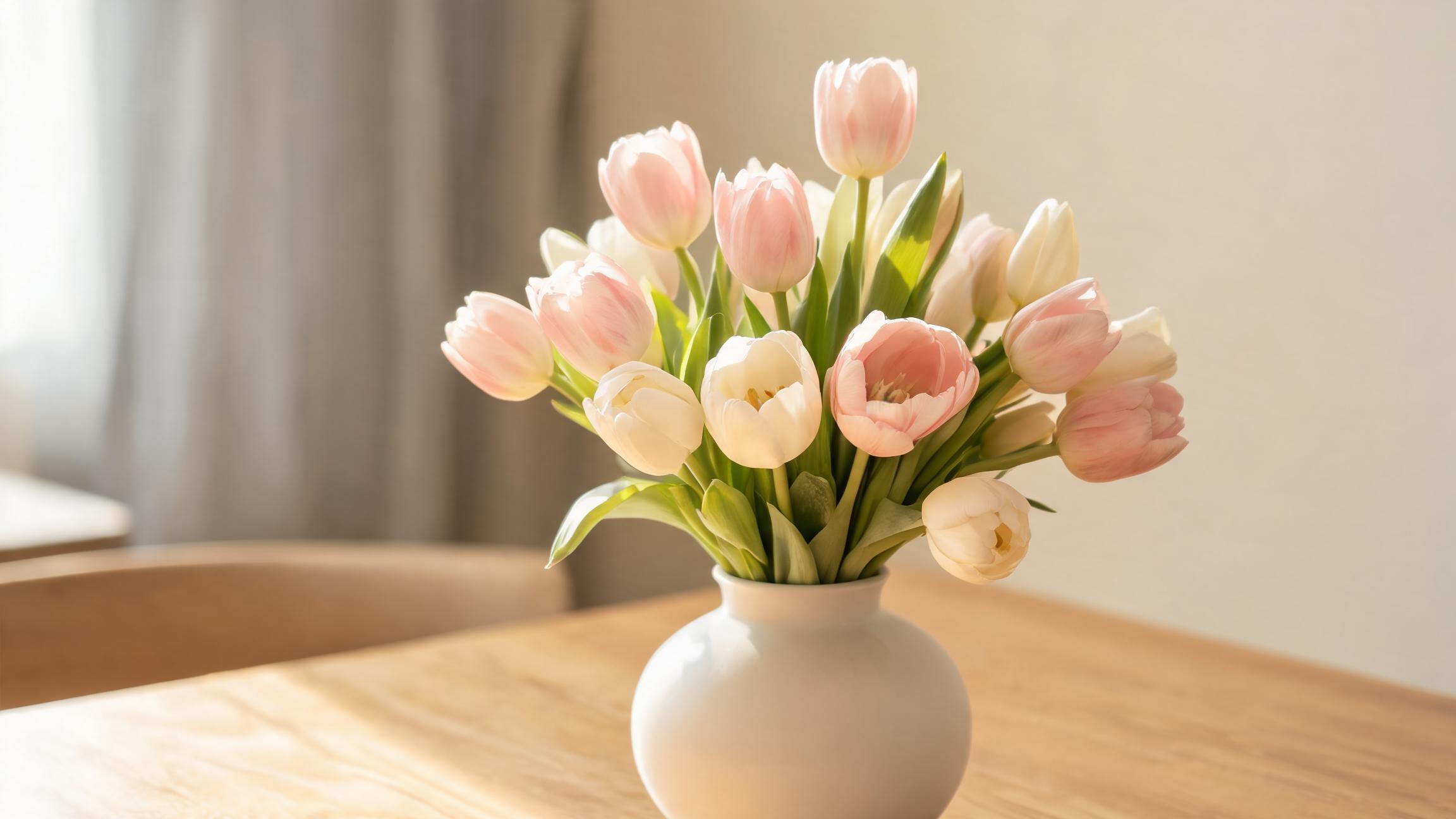 artificial tulips bouquet in a ceramic vase with warm natural light