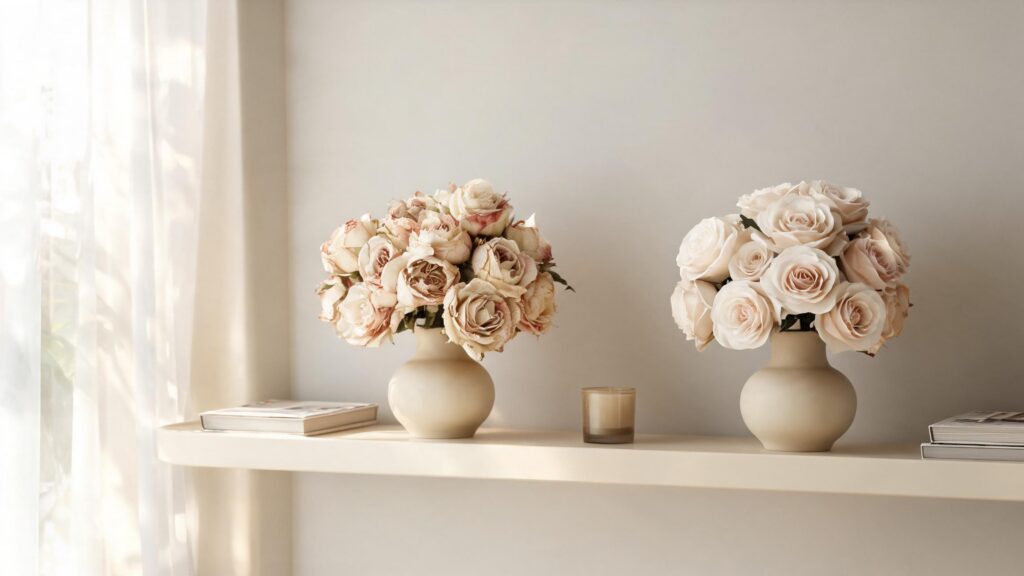 real flowers versus artificial flowers cost comparison on a shelf