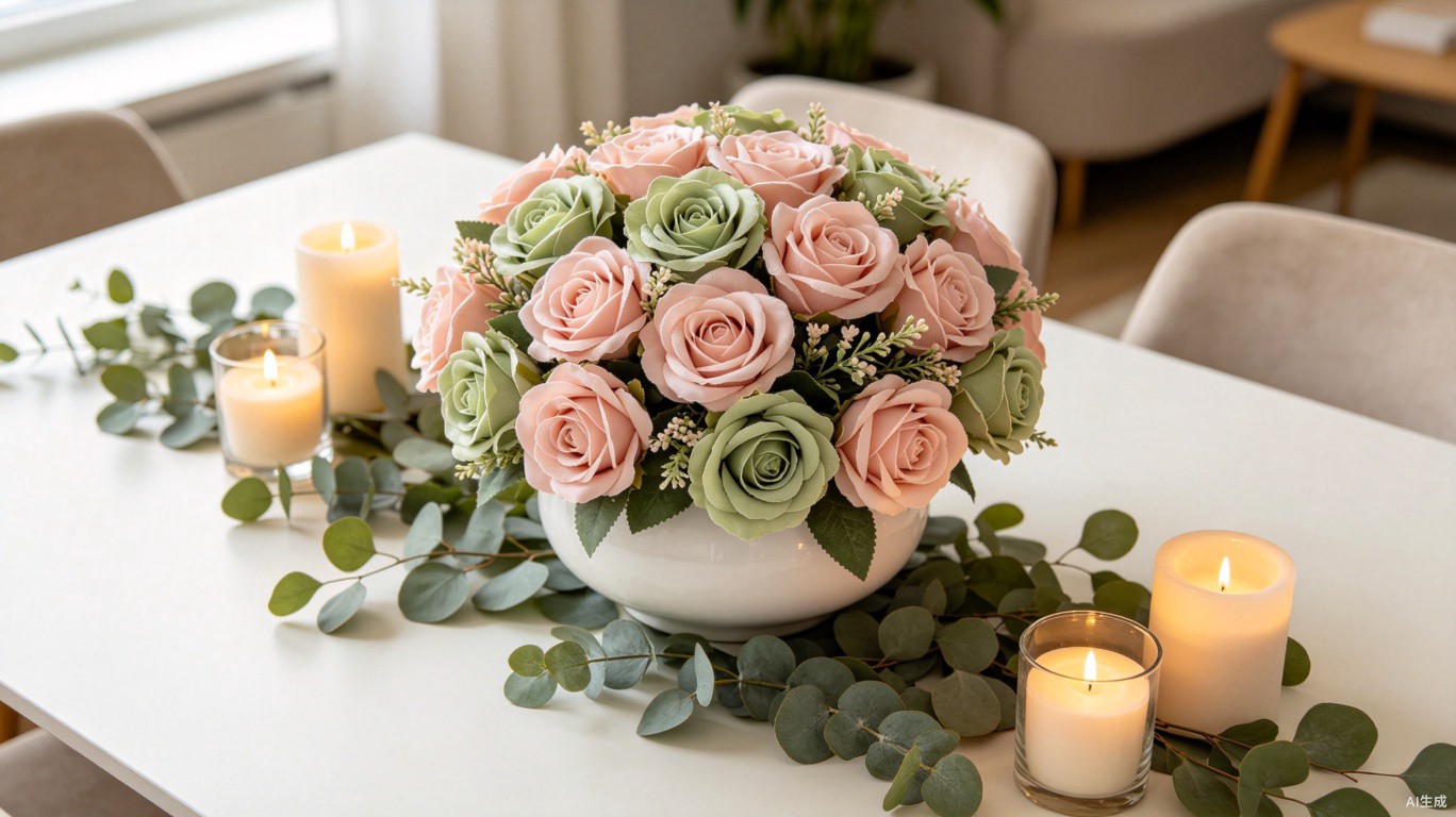 Elegant dining table centerpiece with artificial roses in blush pink and green, styled with candles