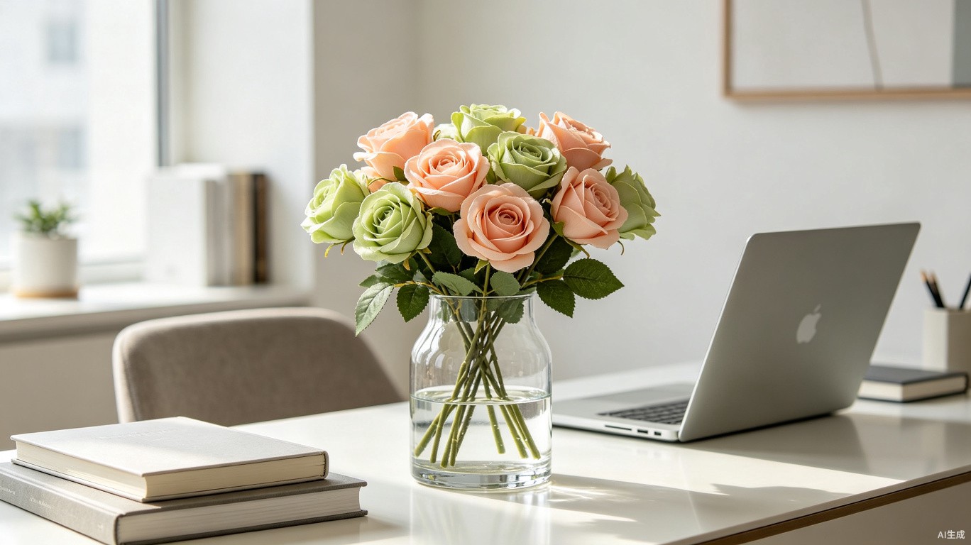 Modern office desk decorated with artificial roses in a glass vase alongside books and minimal decor