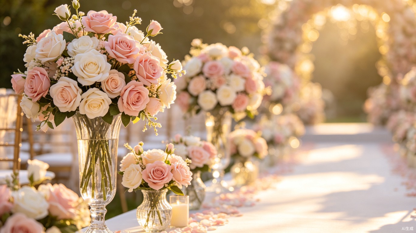 Romantic wedding aisle decorated with artificial roses in pink and white shades in elegant vases