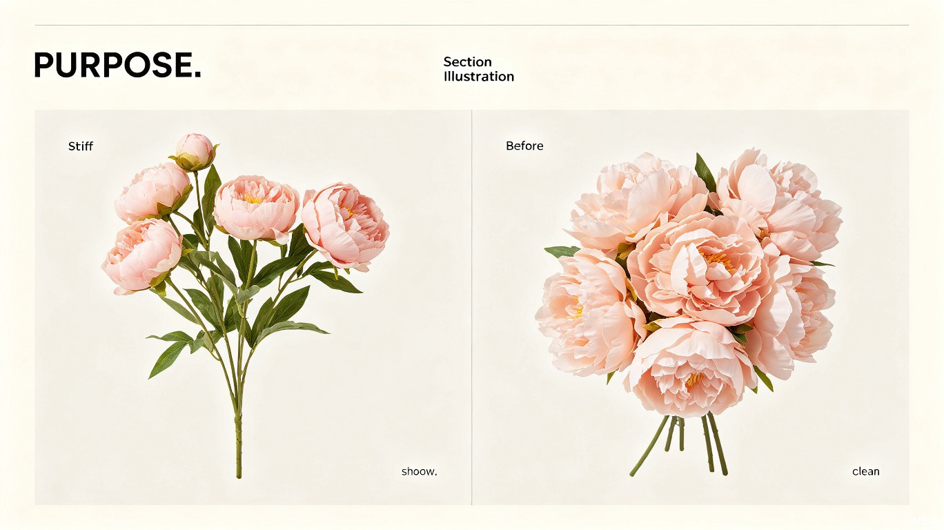 Before and after comparison of artificial peonies arrangement