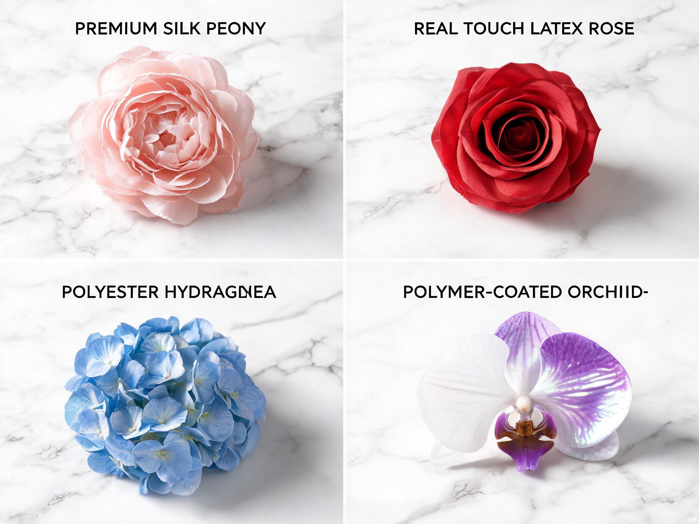 Four types of allergy-safe artificial flower materials: premium silk peony, real touch latex rose, polyester hydrangea, and polymer-coated orchid