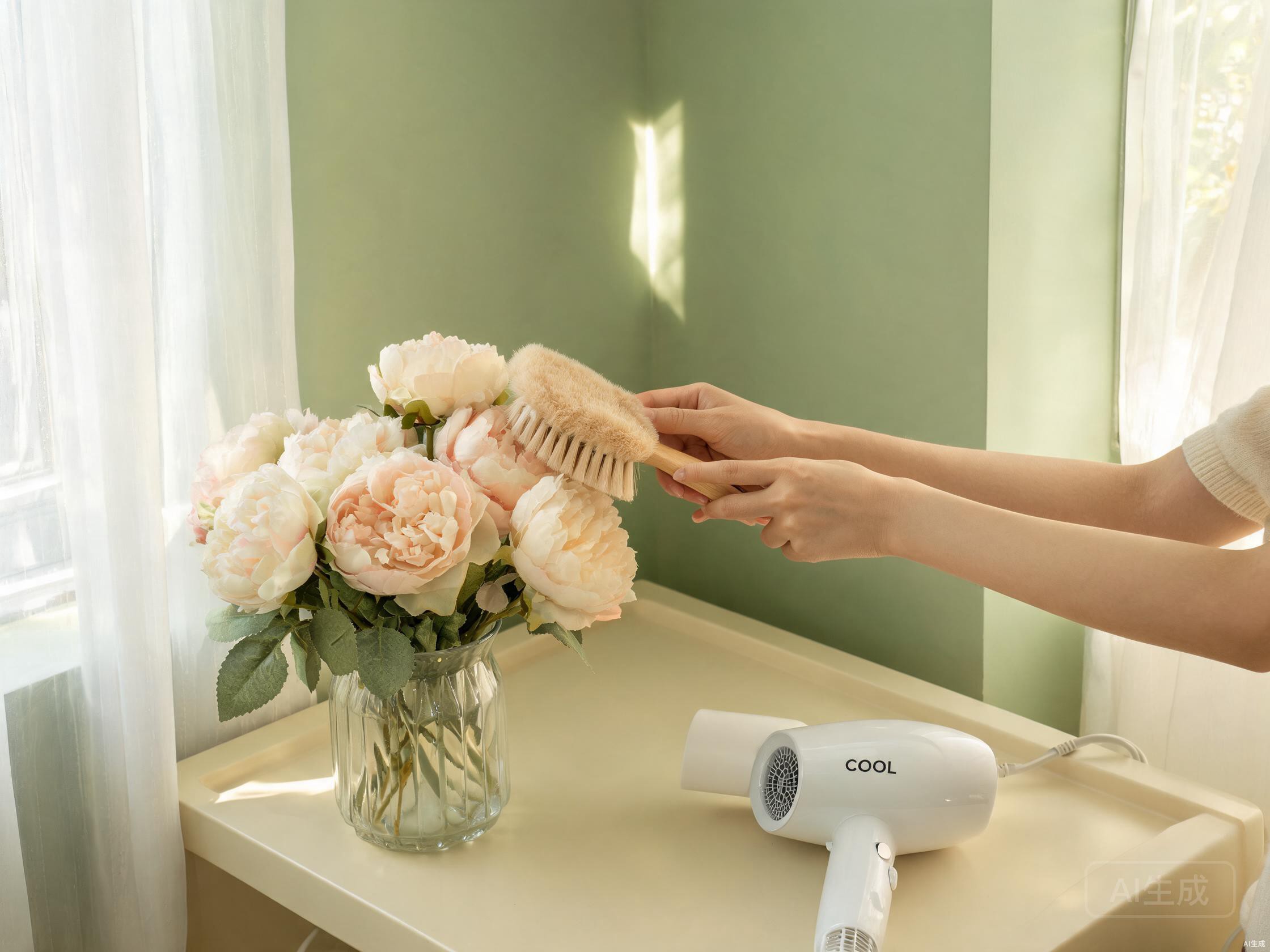Person cleaning silk flowers with a soft brush and hair dryer on cool setting