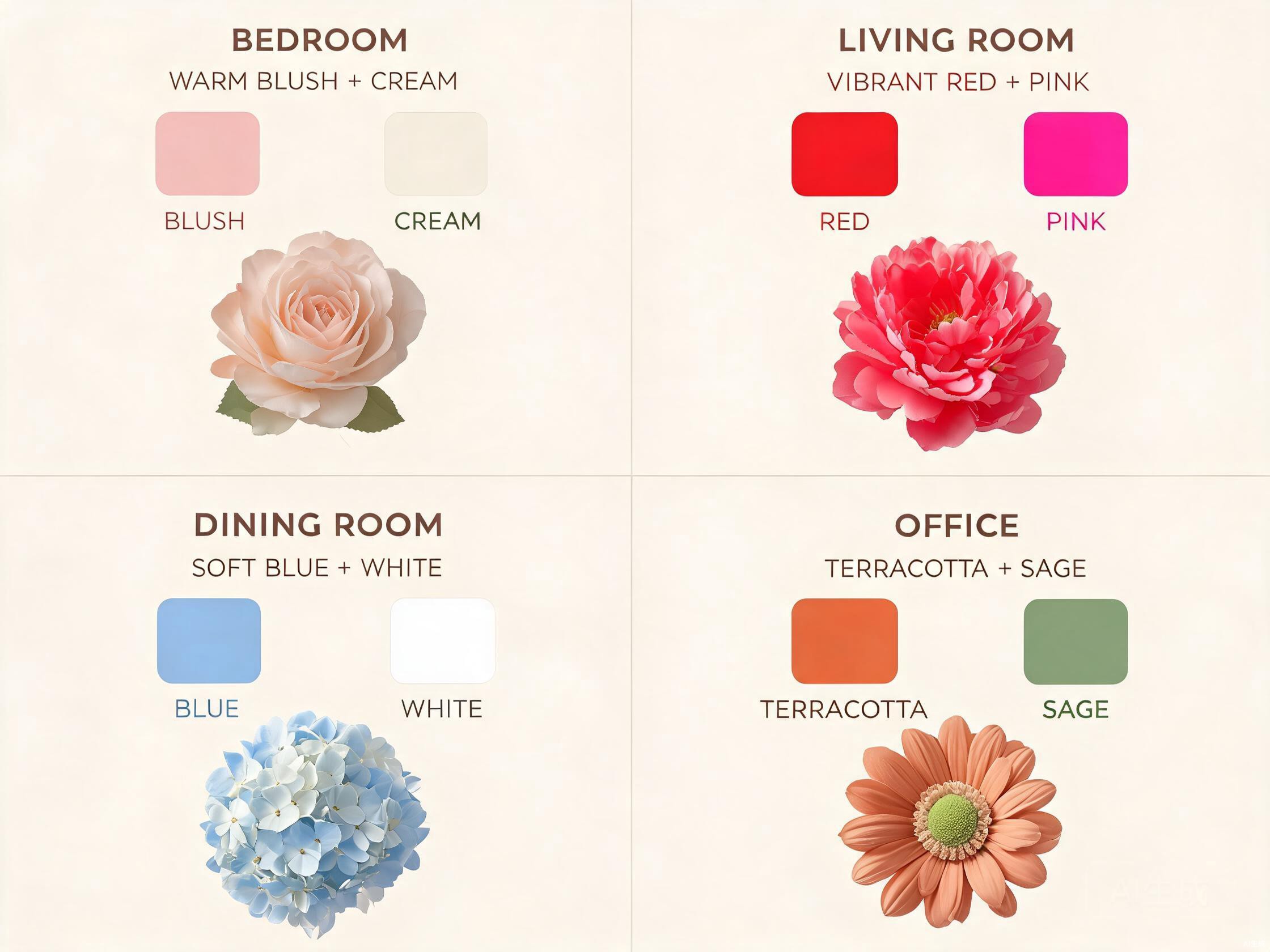 Color matching guide showing flower palettes for different rooms