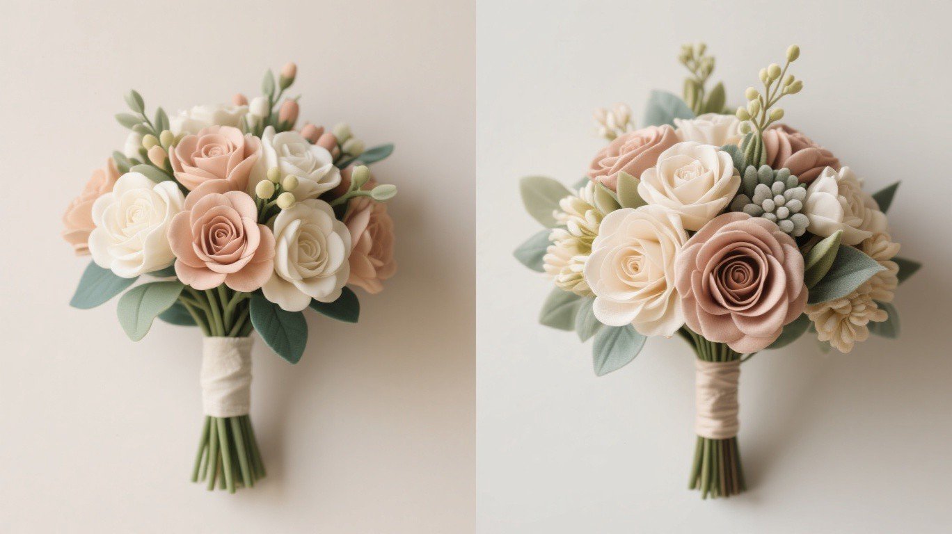 Side by side comparison of real touch and silk flower bouquets