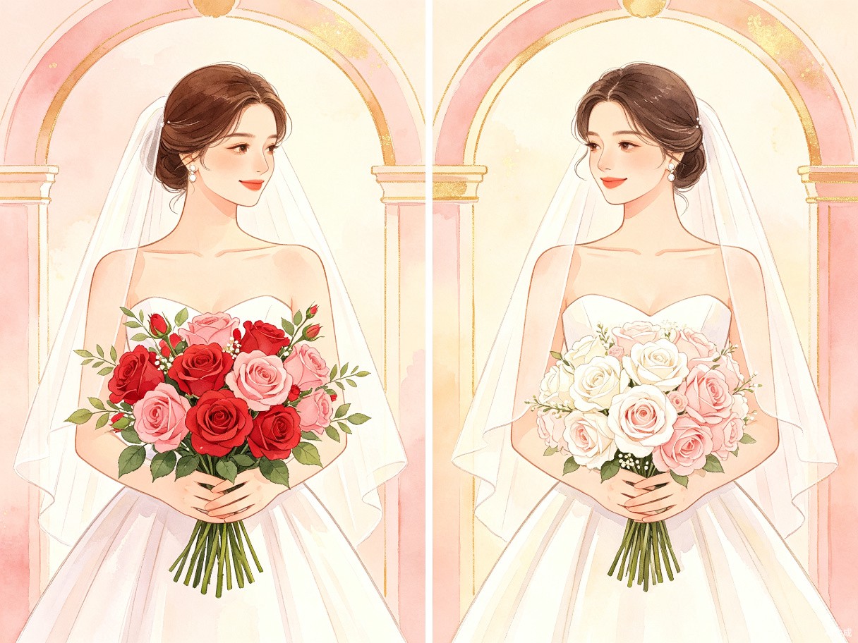 Side-by-side comparison: real fresh flower bridal bouquet (left) vs artificial silk wedding bouquet (right)