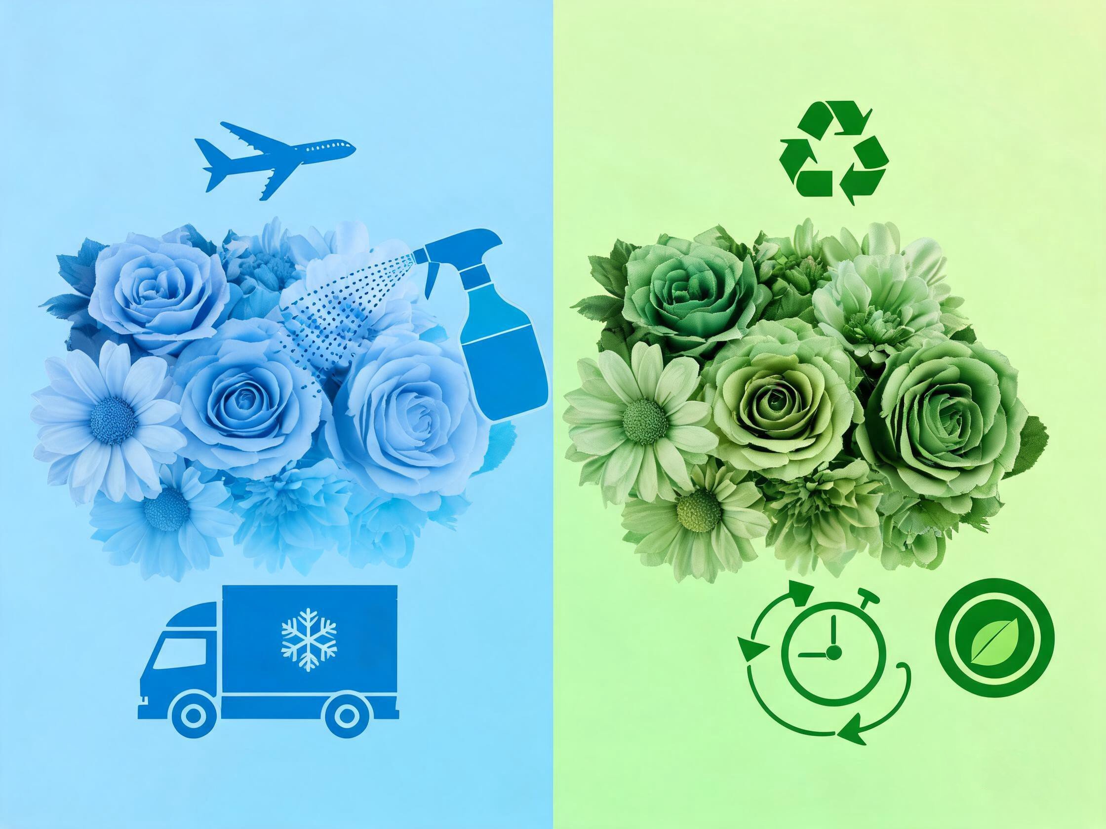 Environmental impact comparison: fresh flowers with air freight and pesticides versus artificial flowers with reuse and recycling