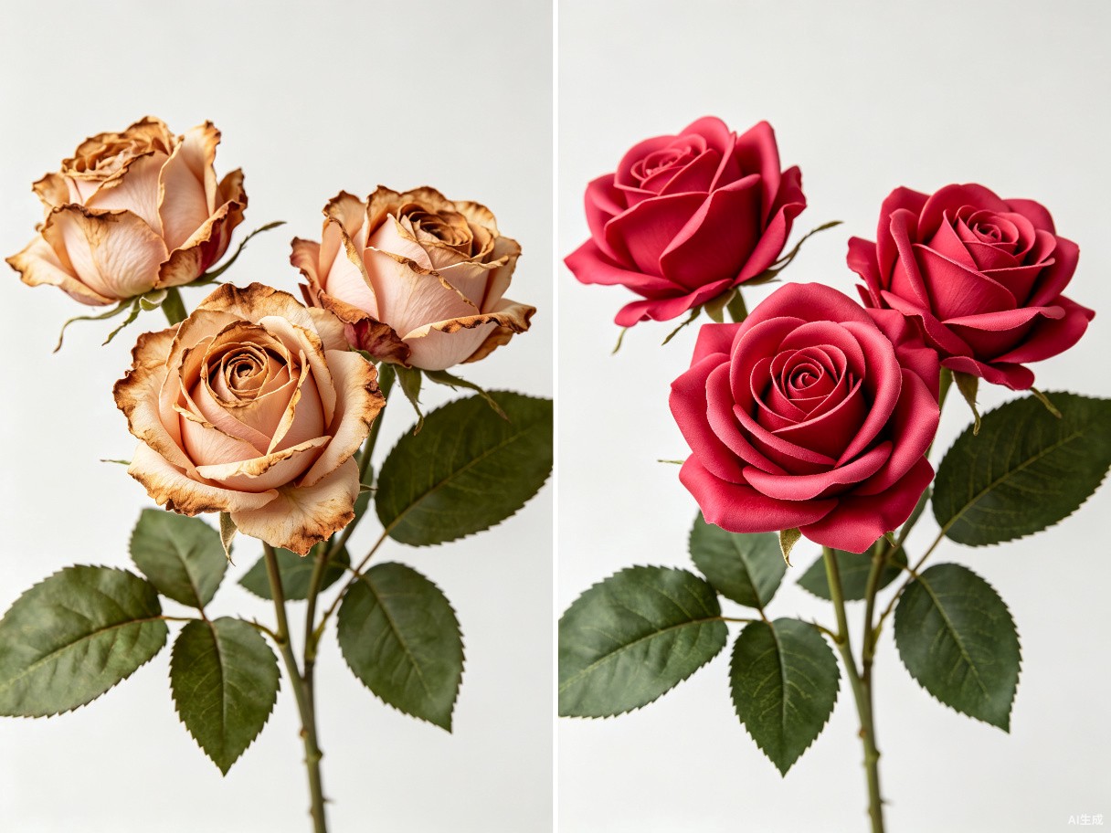 Comparison showing wilting fresh roses versus vibrant artificial silk roses