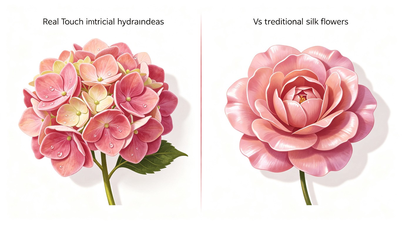 Comparison between premium real touch hydrangeas and traditional silk flowers