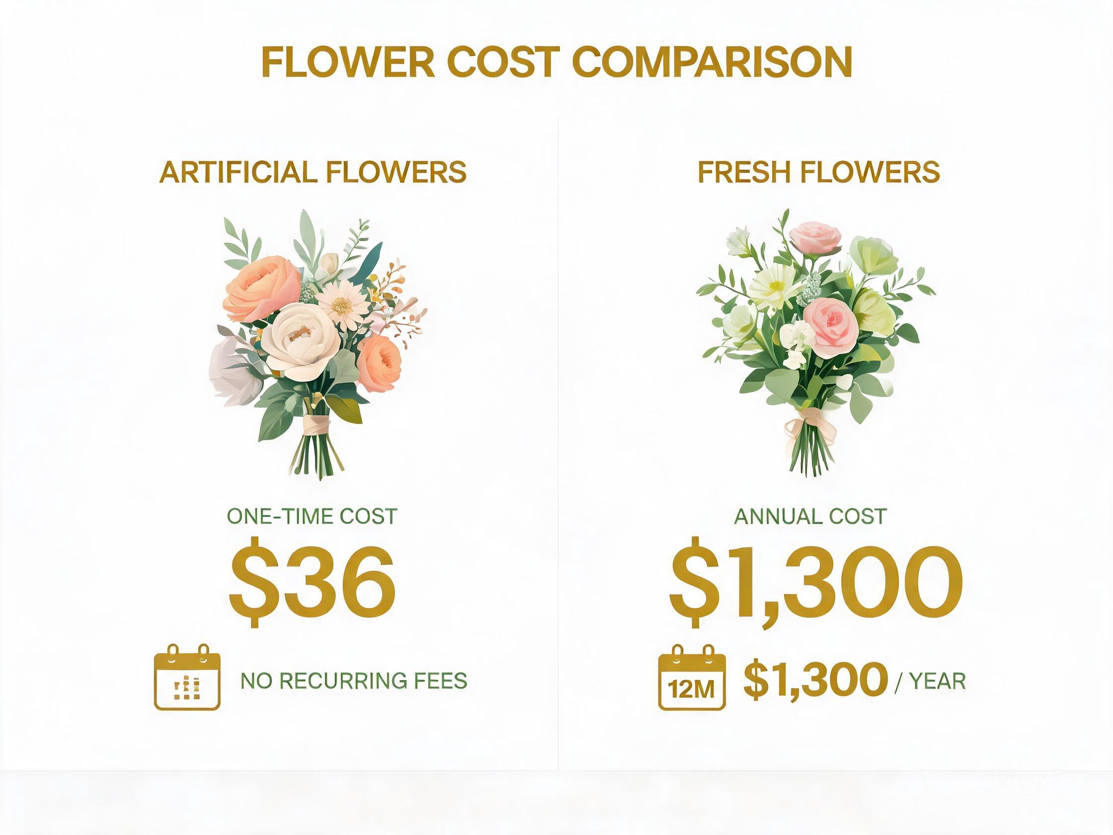 Cost comparison infographic: artificial flowers $36 one-time vs fresh flowers $1,300 per year