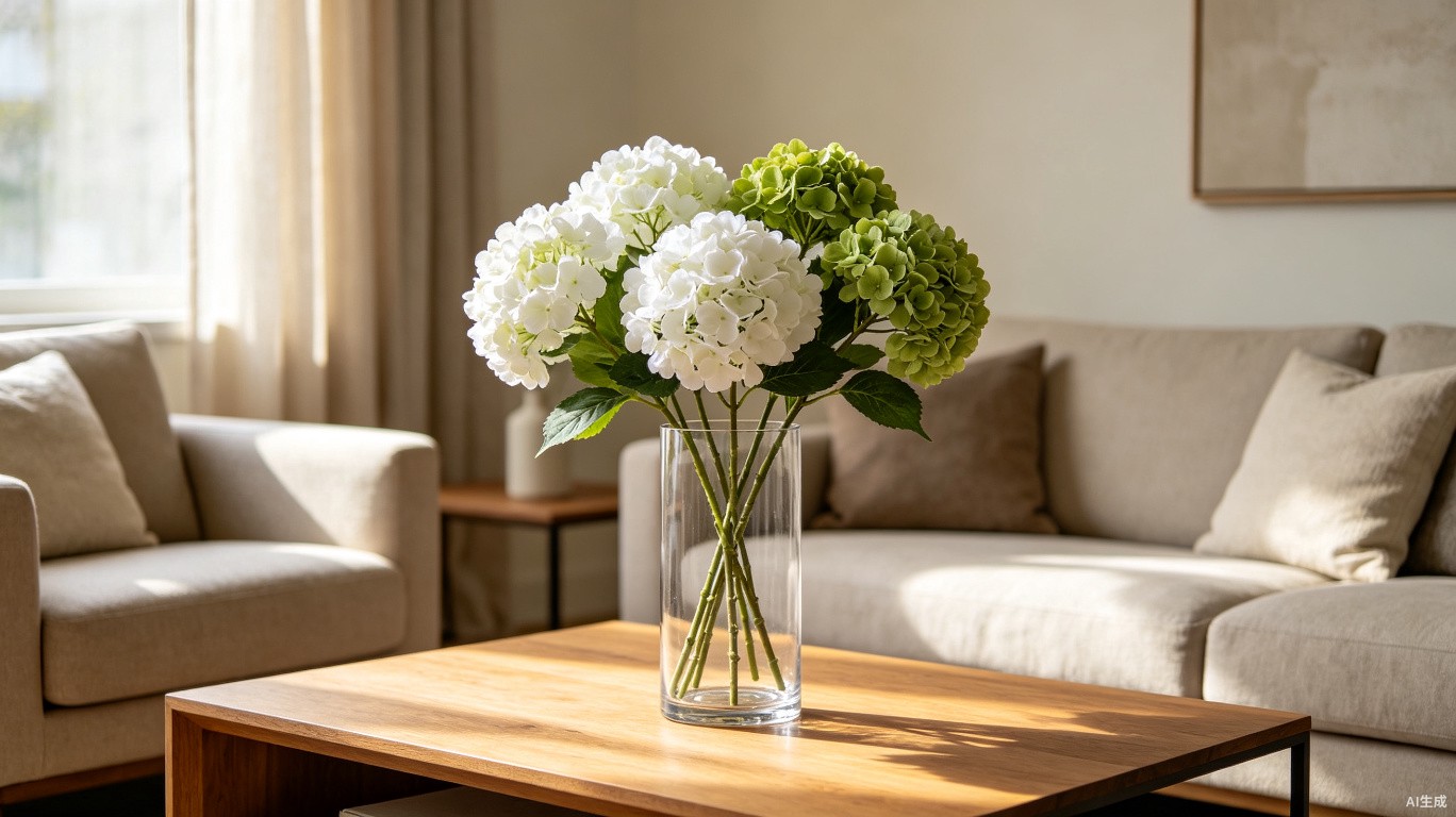 Modern living room featuring a clear glass vase with white and green artificial hydrangea stems on a wooden coffee table