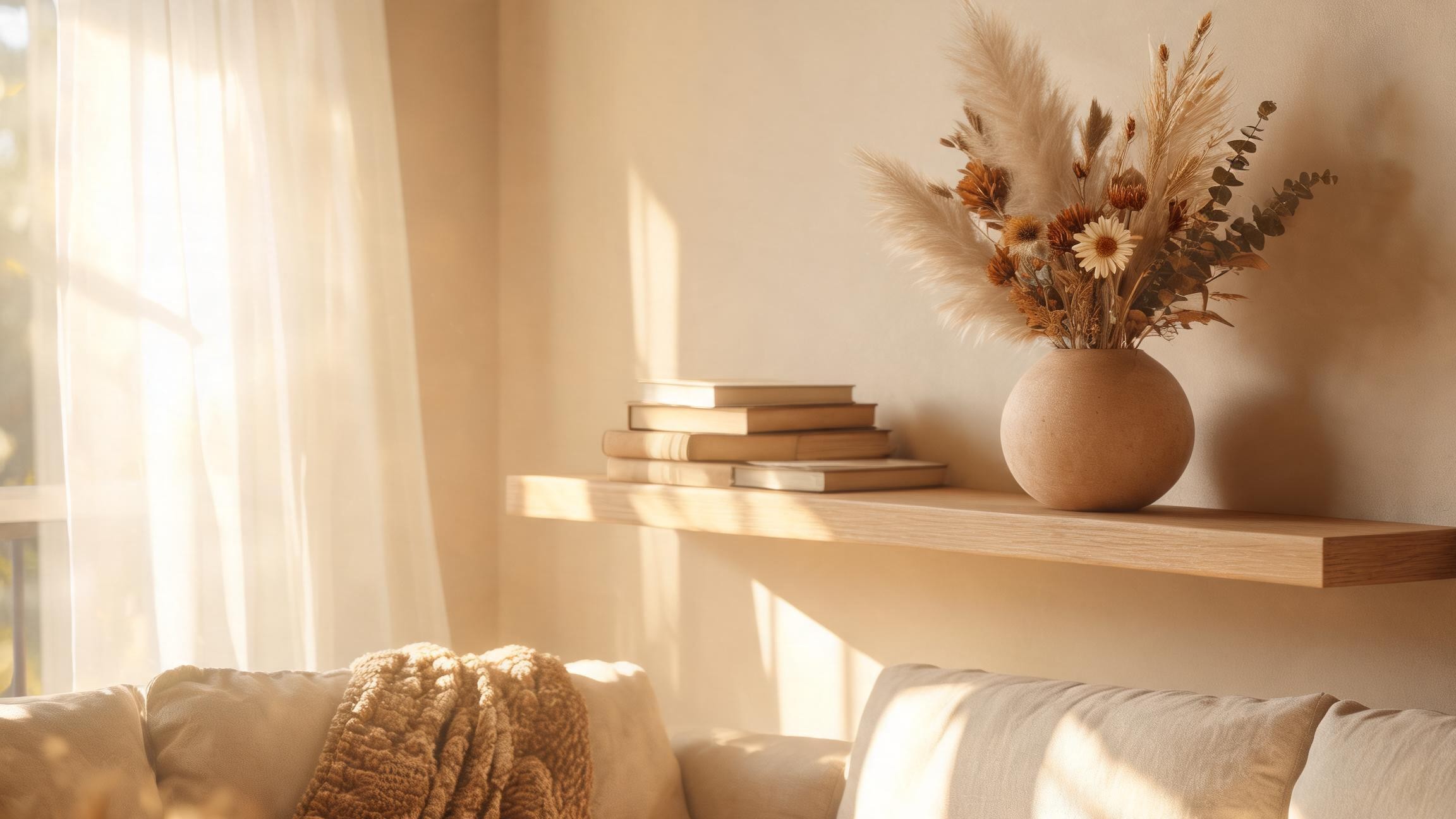 dried pampas grass and flowers in a ceramic vase on a wooden shelf in a warm living room