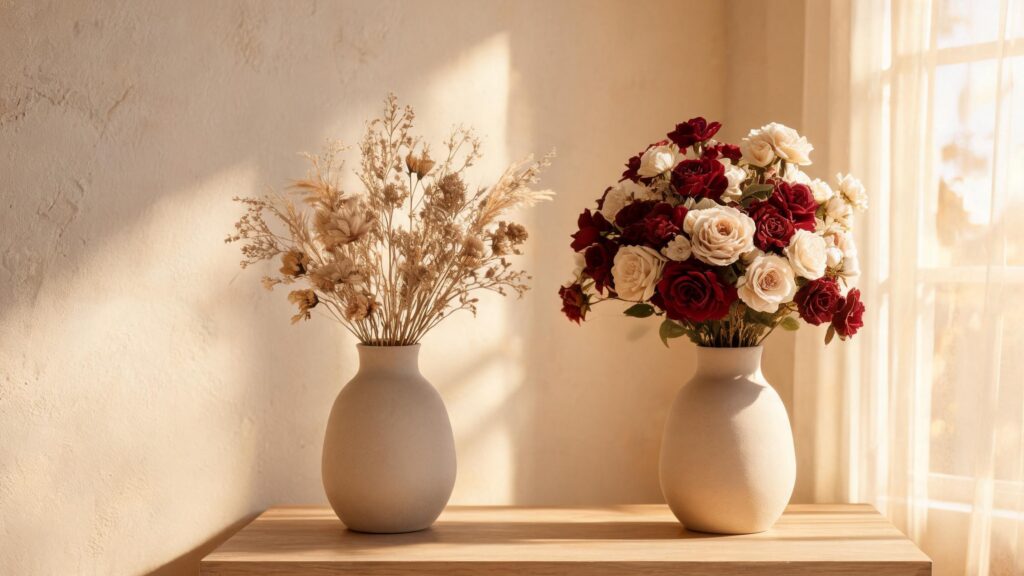 dried flowers in a beige vase beside a full burgundy and cream artificial flower bouquet on a console table