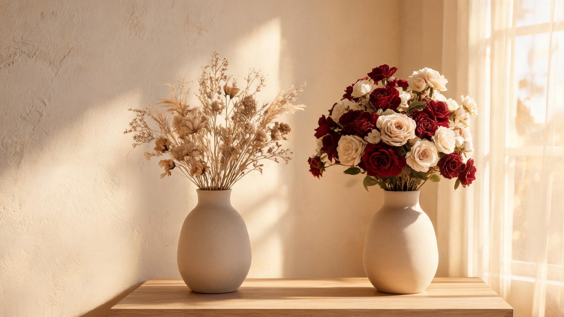 dried flowers in a beige vase beside a full burgundy and cream artificial flower bouquet on a console table