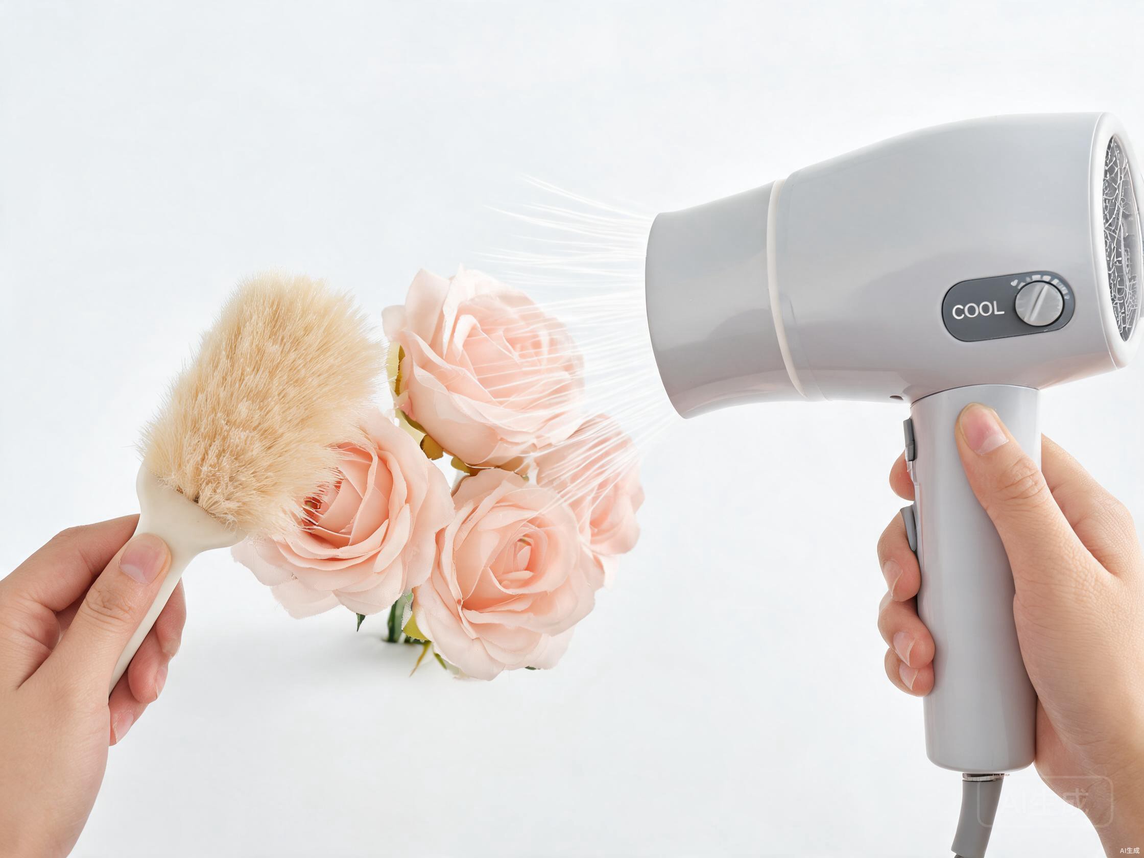 Hands gently dusting silk flower petals with a soft-bristle brush and using a hair dryer on cool setting