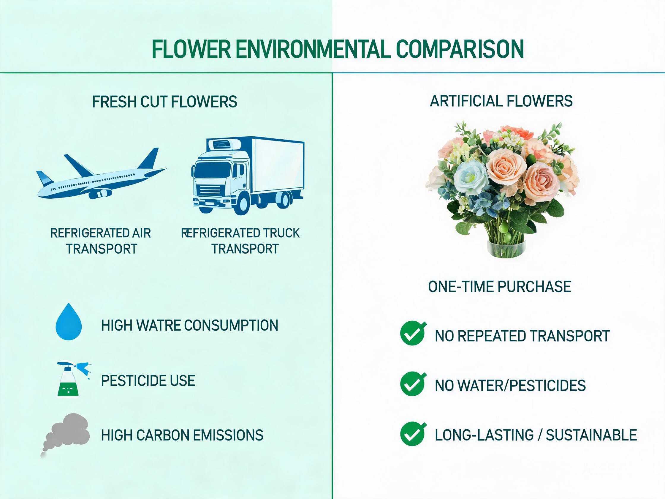 Environmental comparison illustration: fresh flower refrigerated transport vs artificial flowers as one-time sustainable purchase