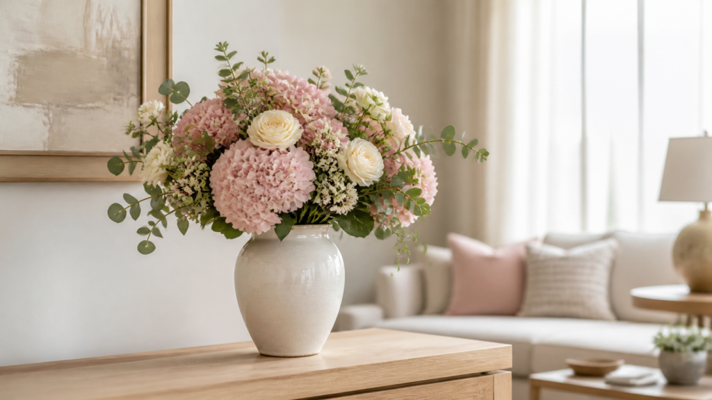 Artificial flower arrangement in a ceramic vase for home decor
