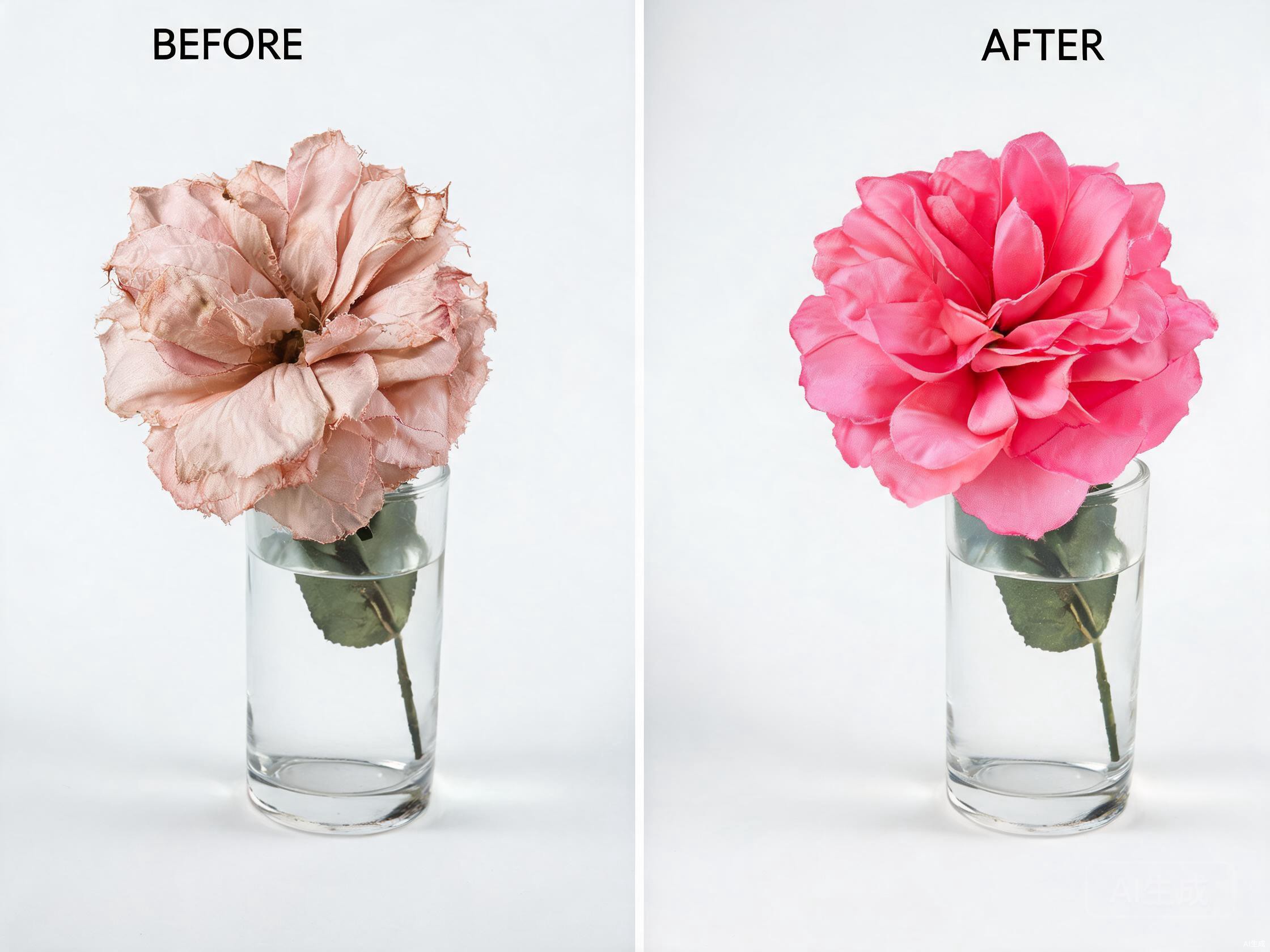 Side-by-side comparison of a faded silk flower exposed to sunlight versus a well-maintained silk flower