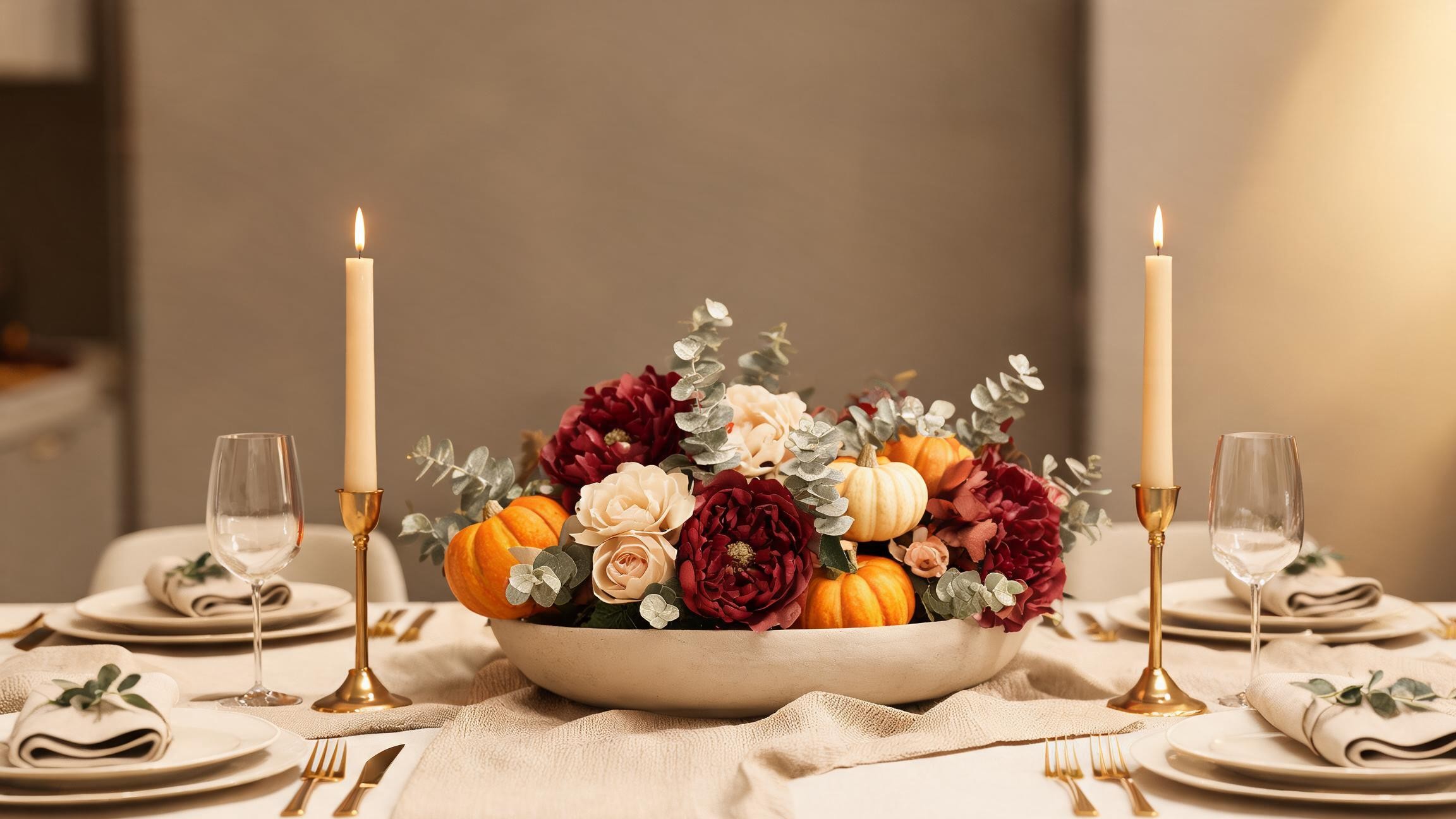 Thanksgiving table centerpiece with burgundy and cream artificial flowers, pumpkins, eucalyptus and taper candles