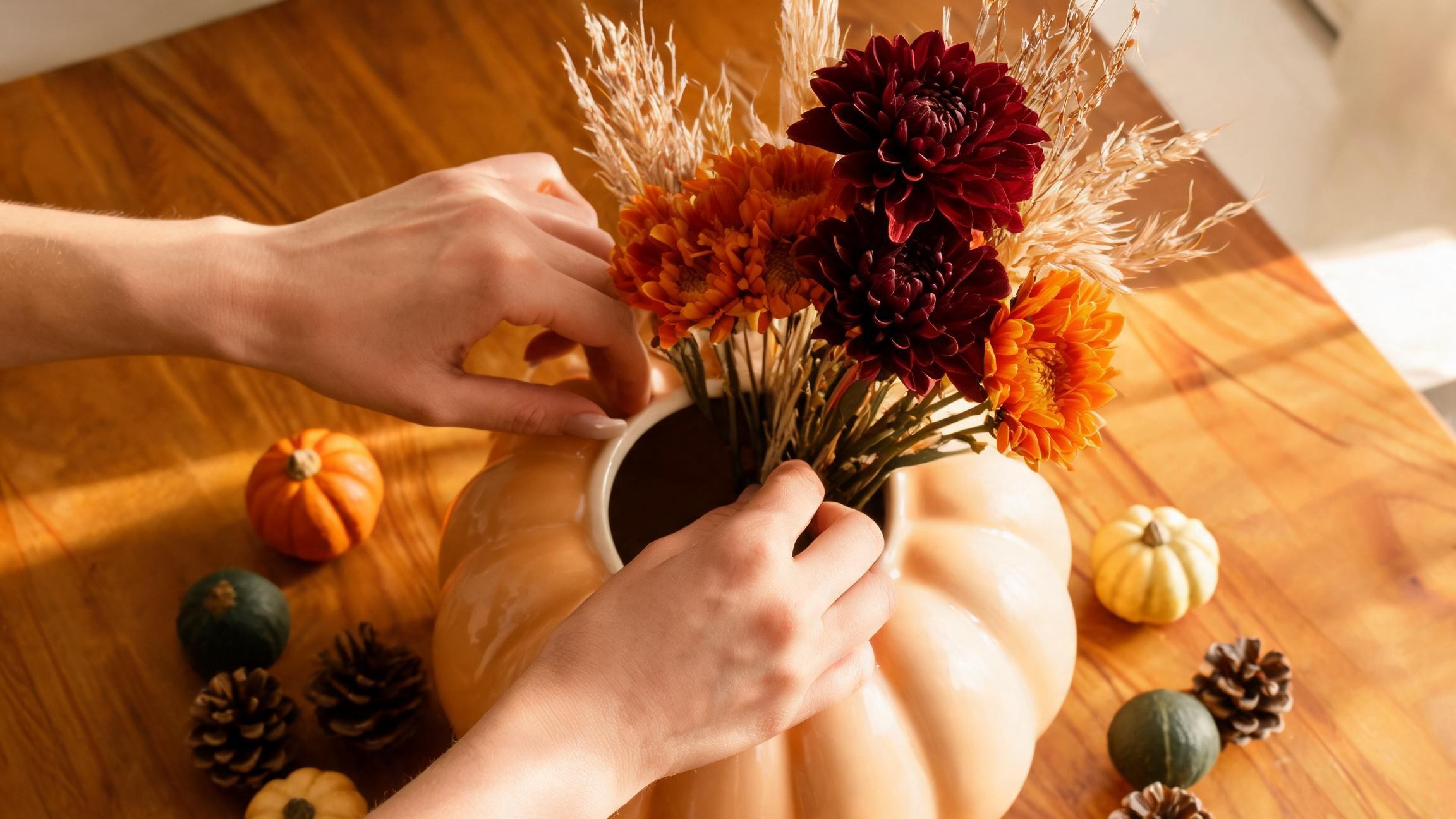 hands layering artificial autumn flowers into a pumpkin-shaped vase with pinecones and mini gourds