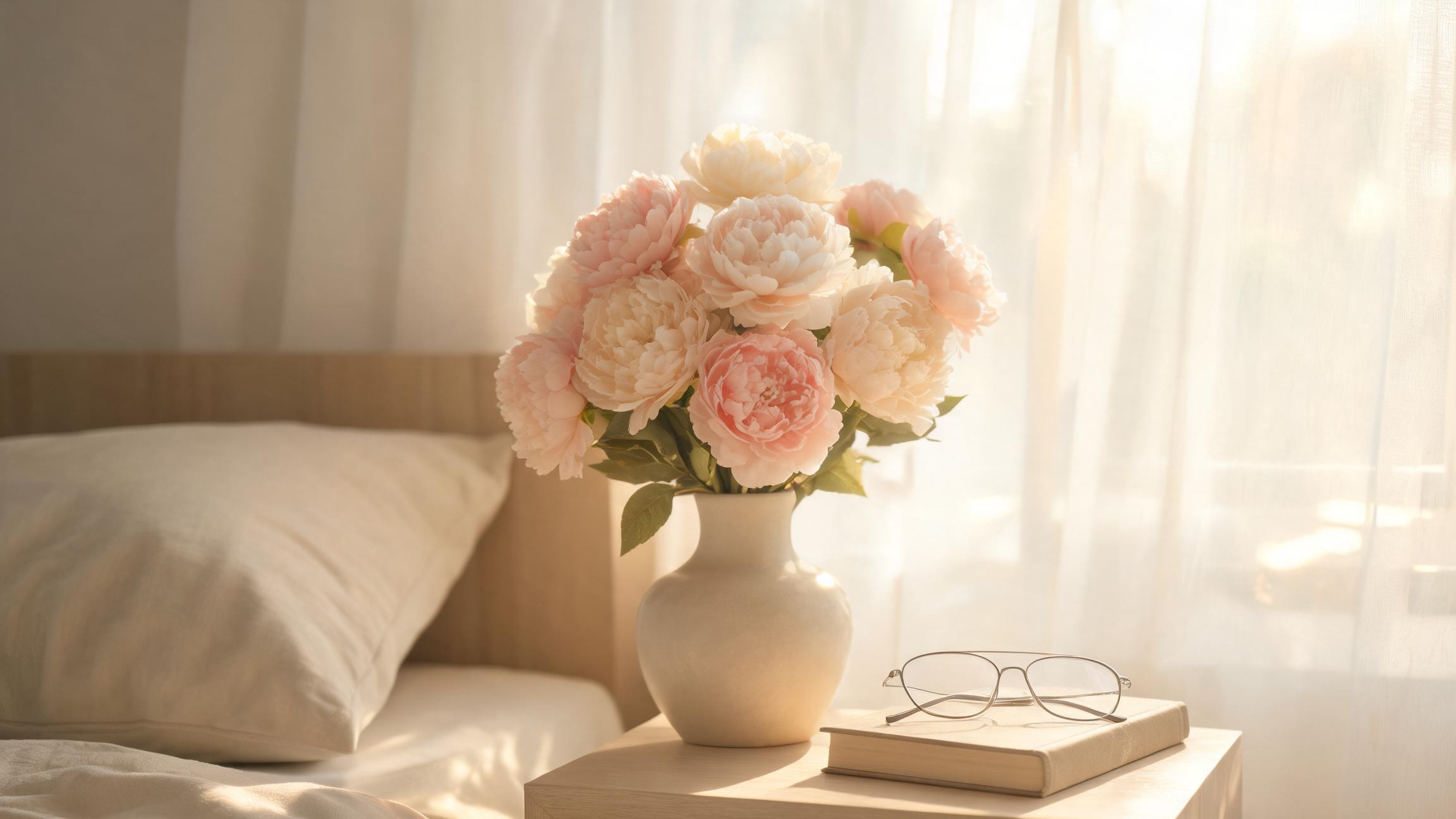 pink and white artificial peony bouquet in a ceramic vase on a bedside table with a book